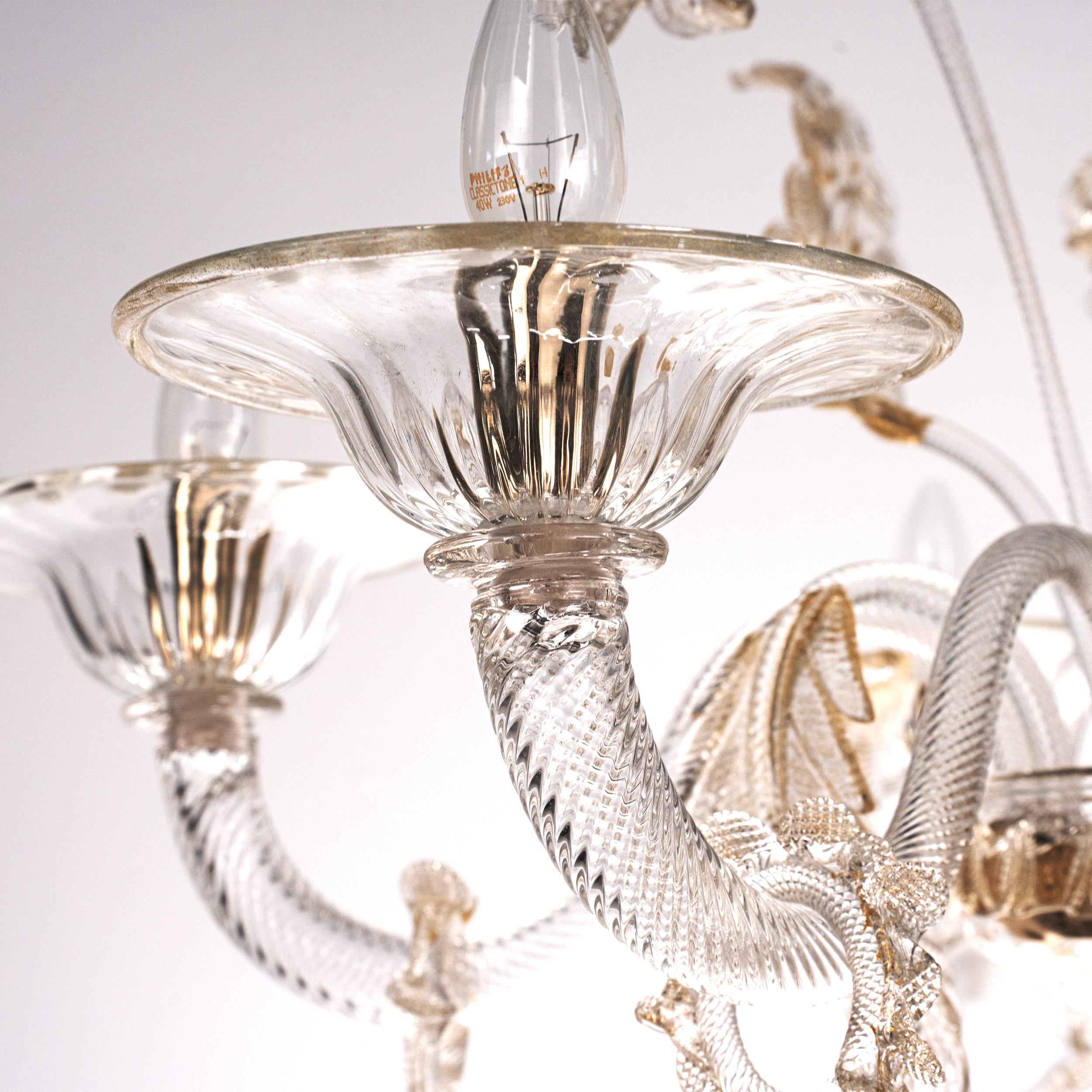 Ottone Disponibile ora Lampadario di Murano - 6 bracci, vetro trasparente e oro, Italia in vendita