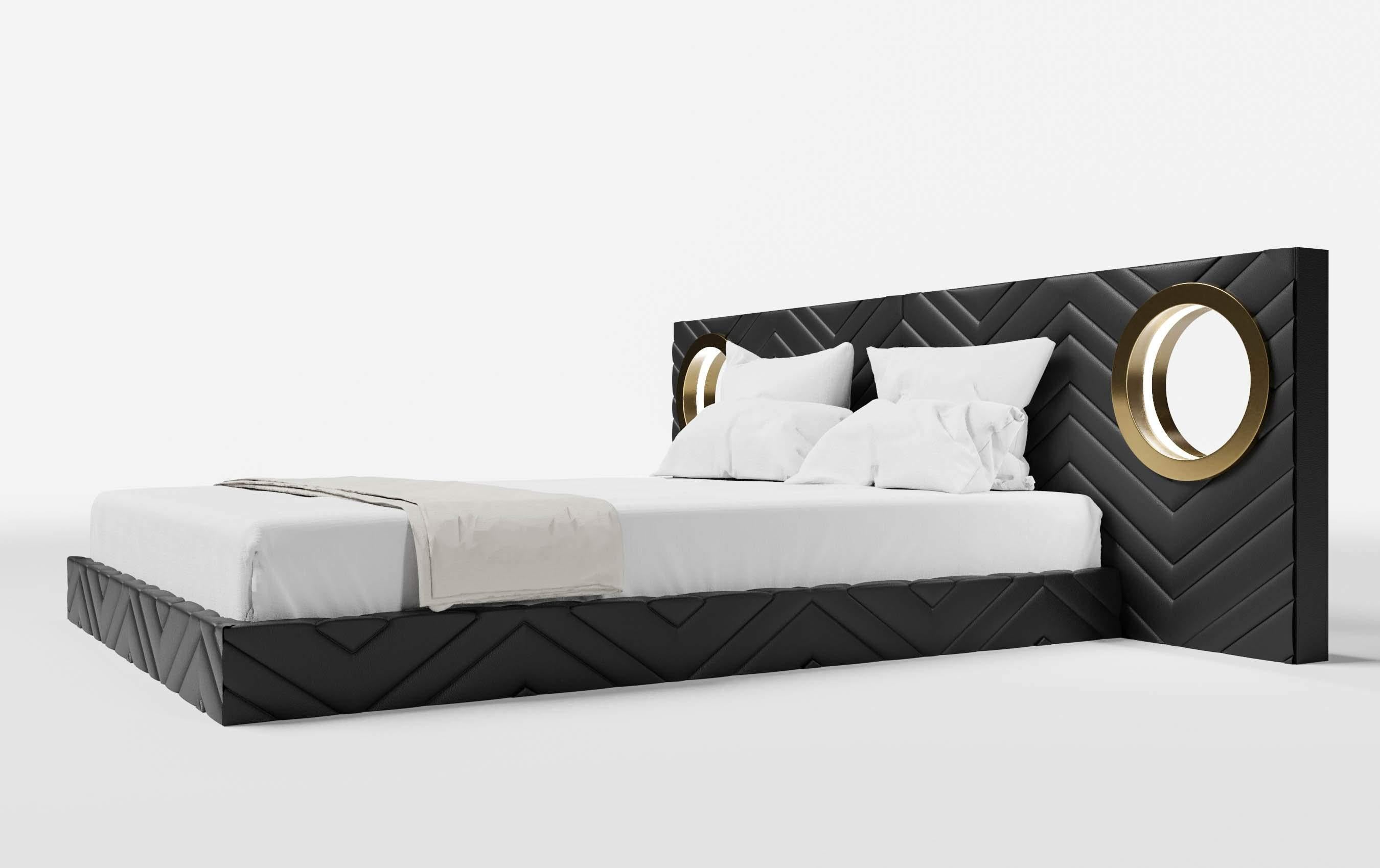 Italian AVALON BED - Modern Bed in Lealpell Leather with Twin Bronze Portholes