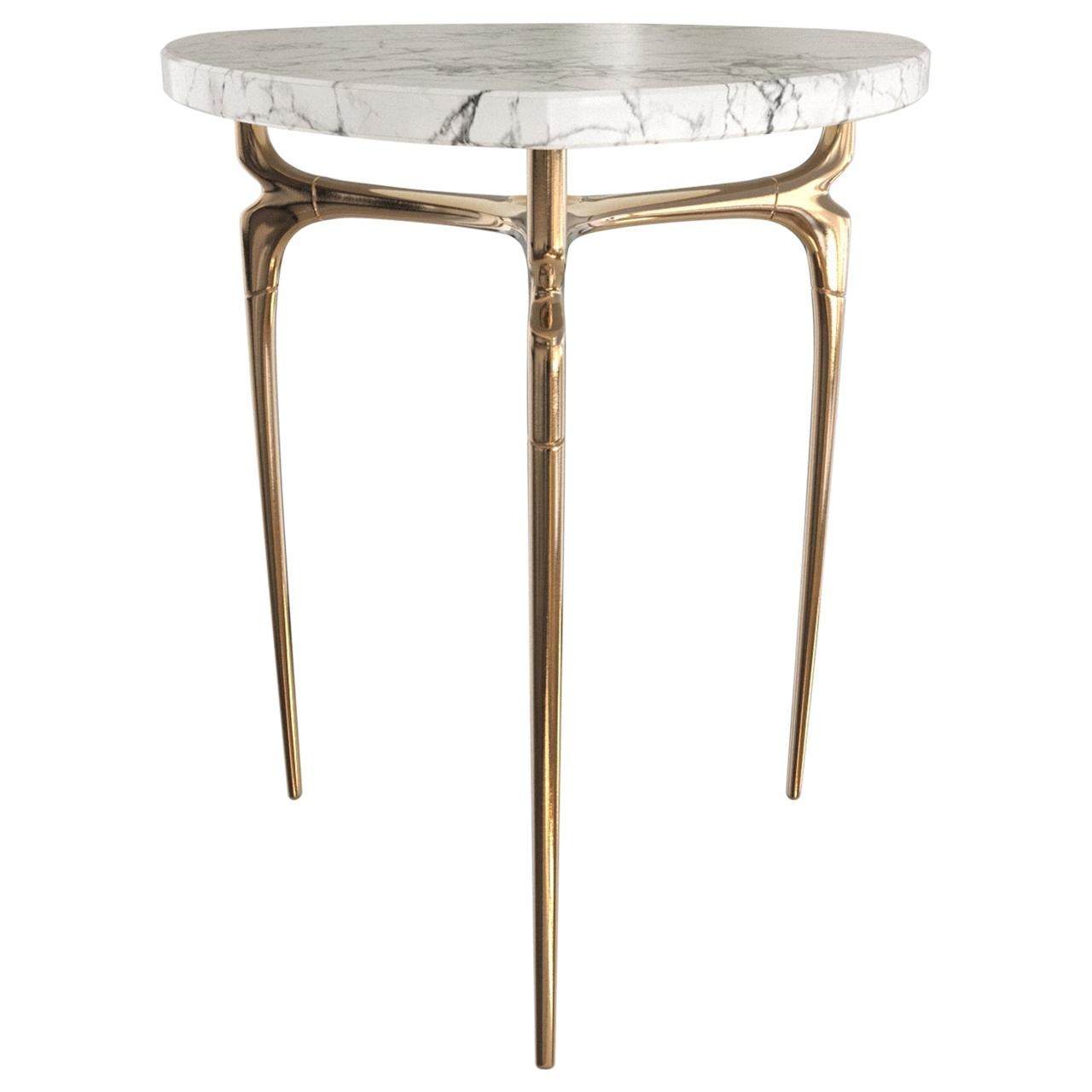 Cast  Avalon Table - Polished Bronze & Marble Top - Design by Michael Sean Stolworthy For Sale