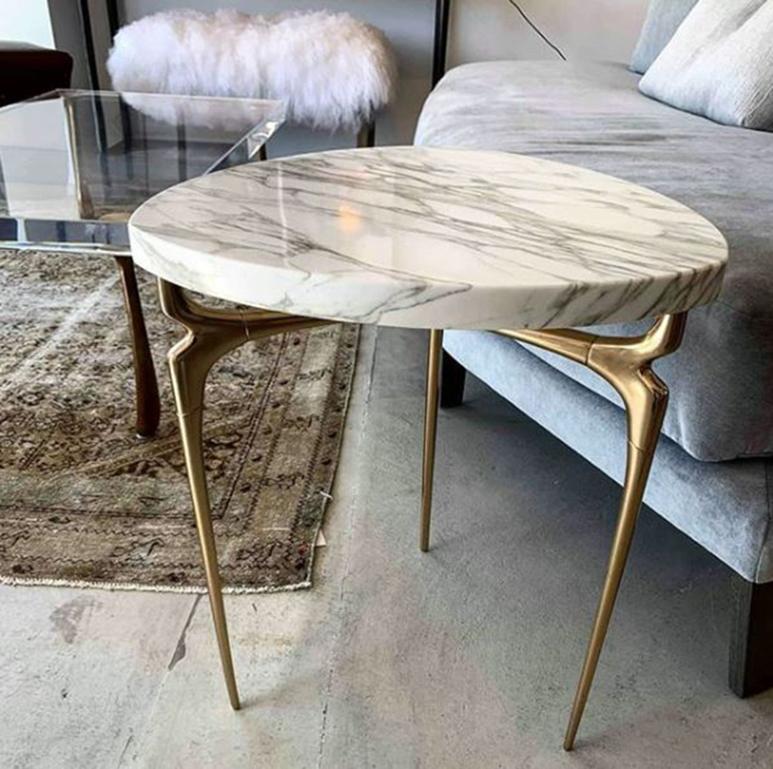 Contemporary Avalon Table - Polished Bronze and Marble Top Design by Michael Sean Stolworthy For Sale