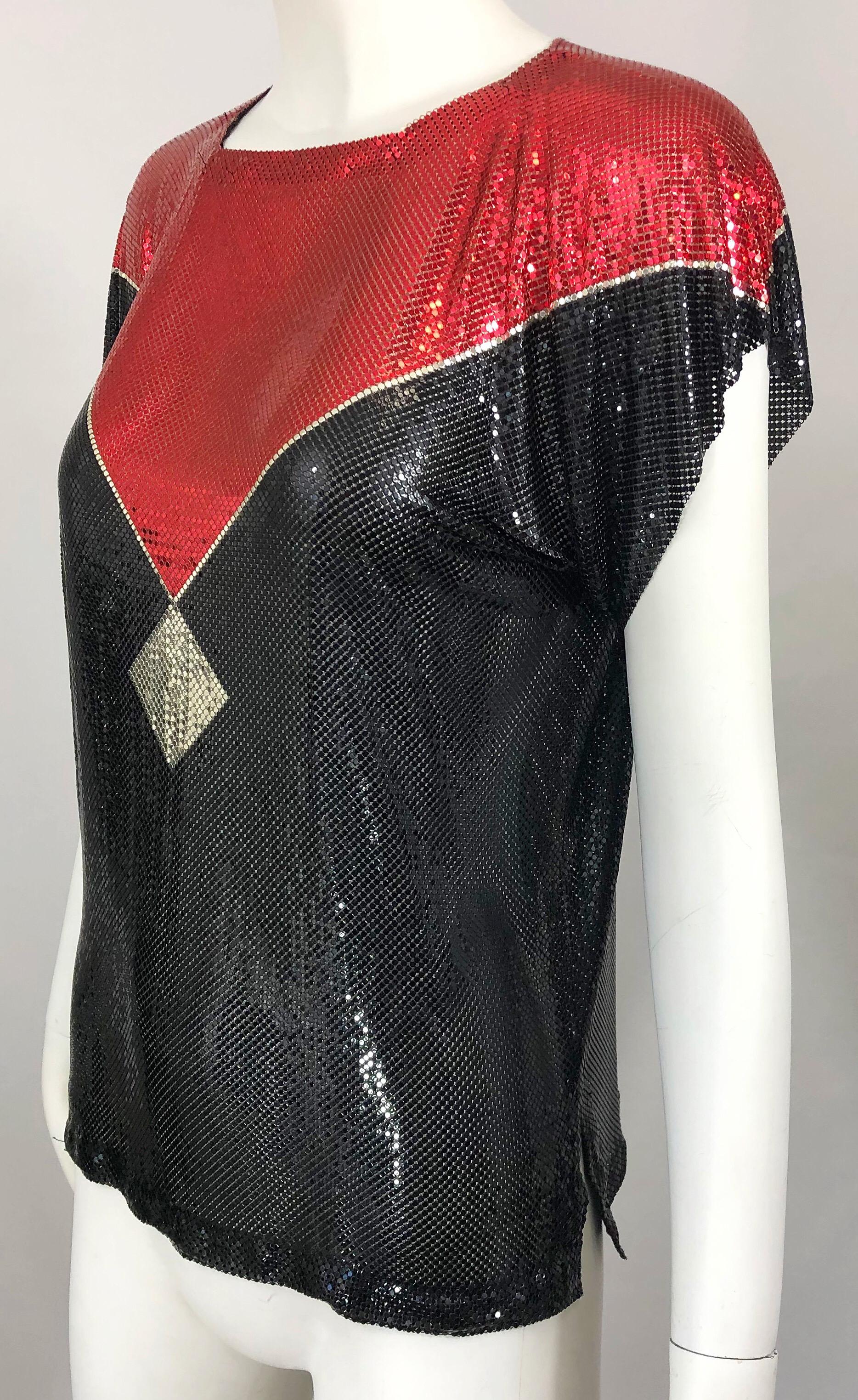 Avant Garde 1970s Whiting & Davis Red + Black + Silver Chainmail Metal Mesh Top For Sale 3