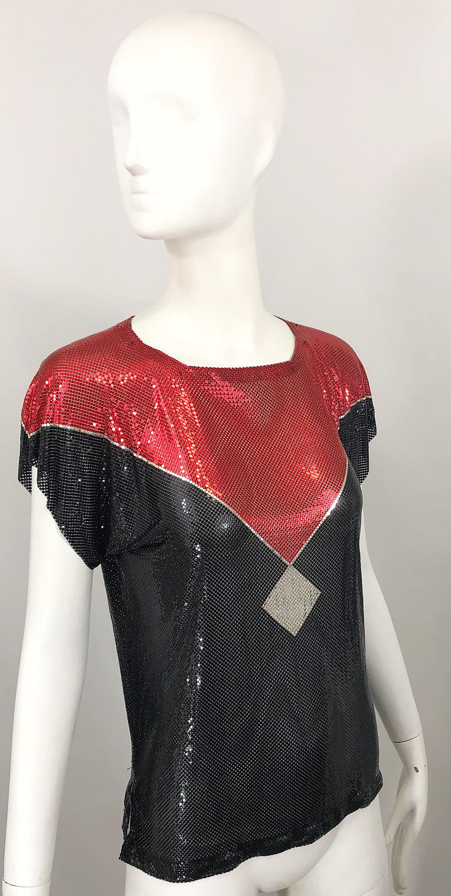 Avant Garde 1970s Whiting & Davis Red + Black + Silver Chainmail Metal Mesh Top For Sale 4