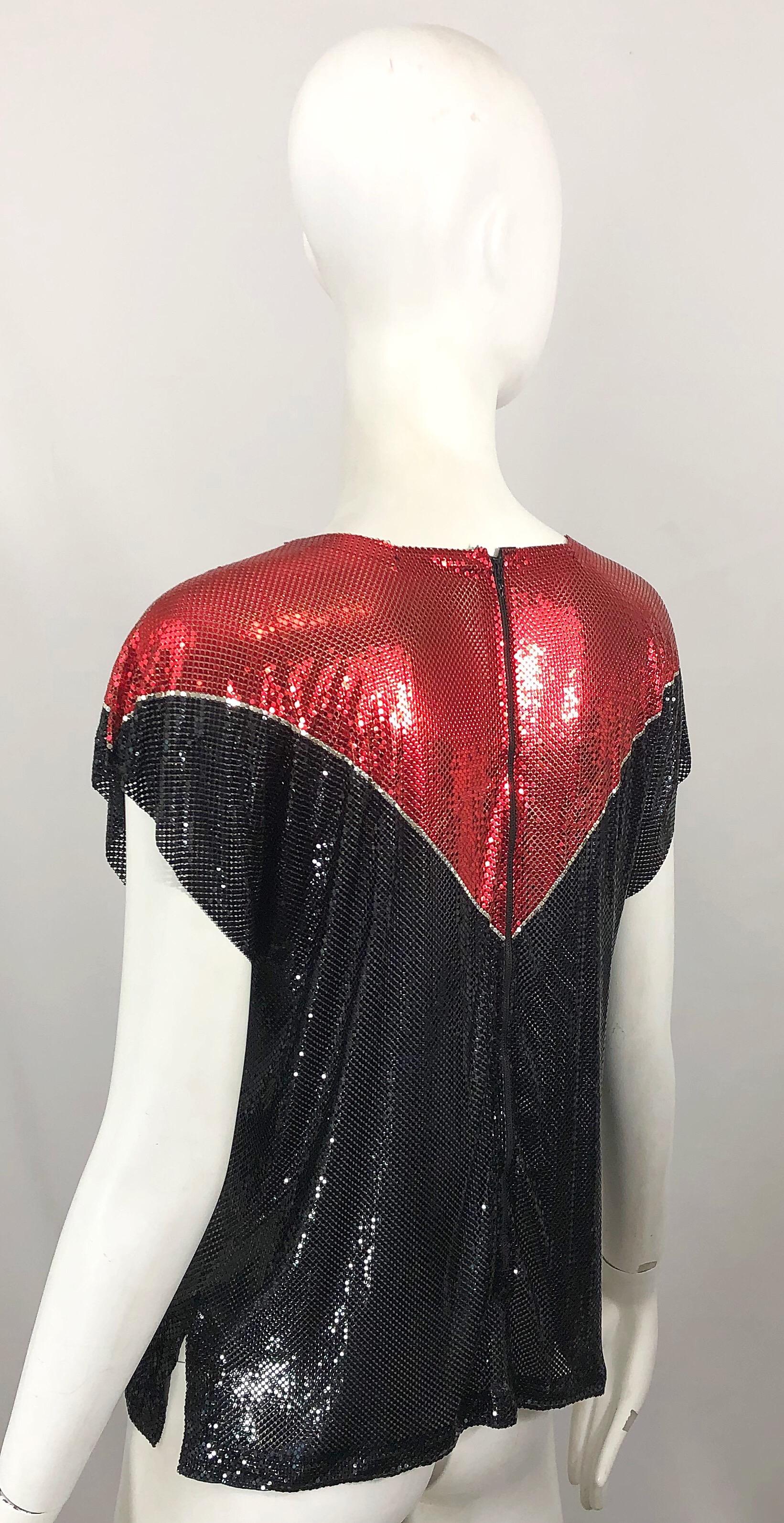 Avant Garde 1970s Whiting & Davis Red + Black + Silver Chainmail Metal Mesh Top For Sale 5