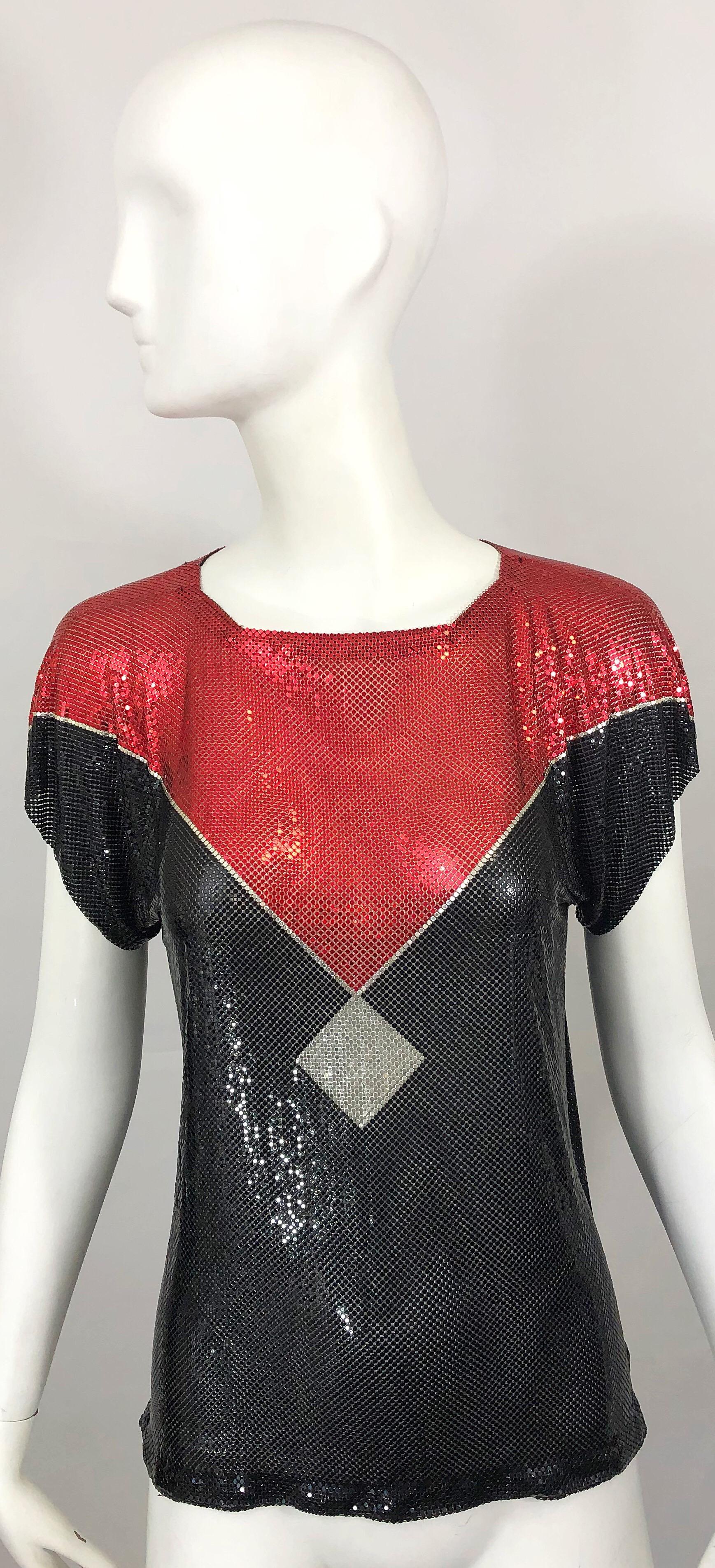 Avant Garde 1970s Whiting & Davis Red + Black + Silver Chainmail Metal Mesh Top For Sale 6
