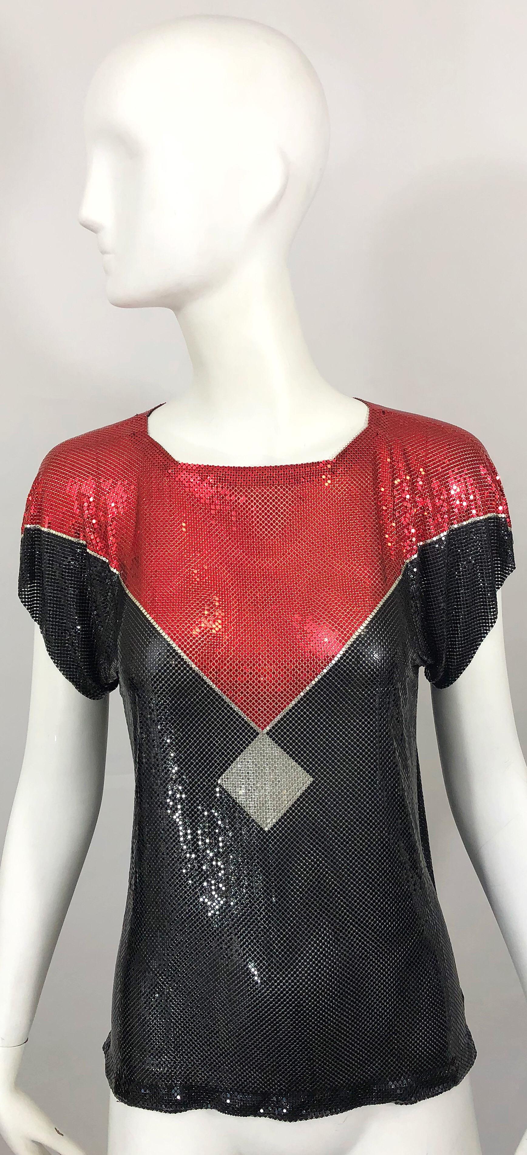 Whiting & Davis - Haut avant-gardiste rouge, noir et argenté façon cotte de mailles, années 70 en vente 8
