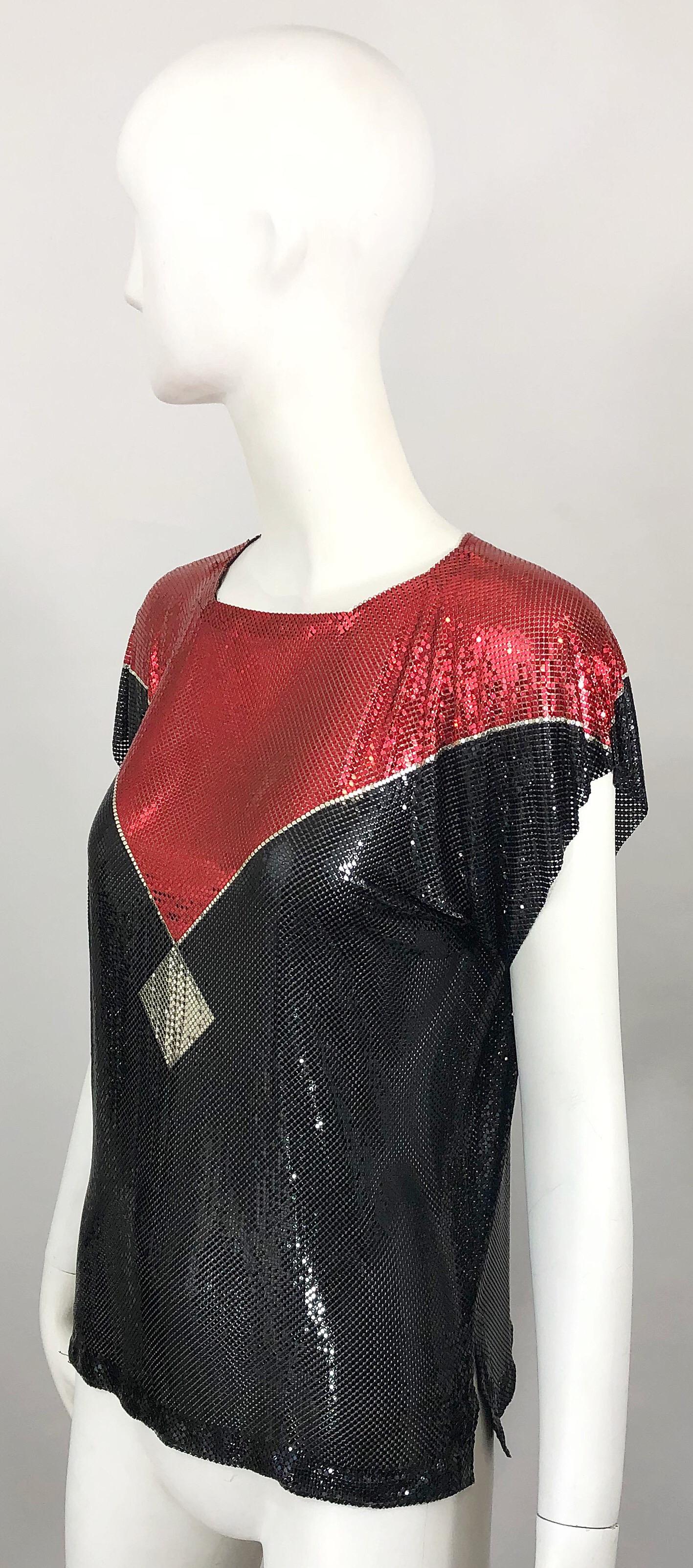 Avantgarde 1970er Jahre Whiting & Davis Kettenhemd-Top Rot + Schwarz + Silber aus Metallgeflecht Damen im Angebot