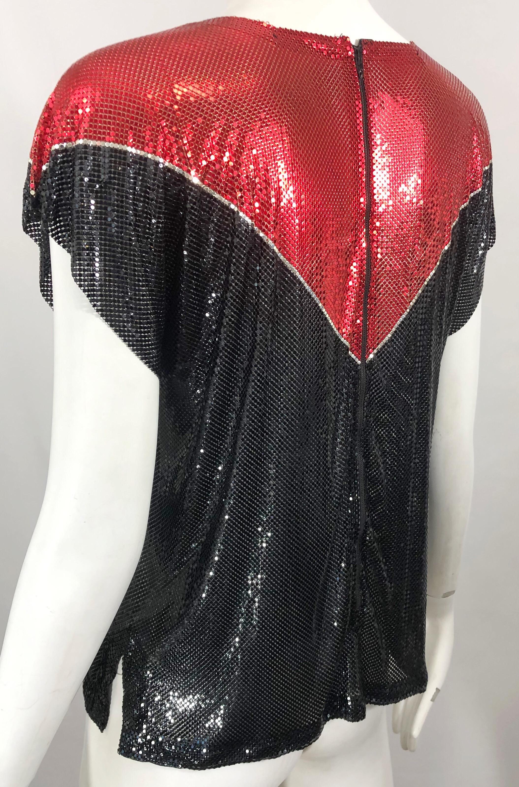 Avant Garde 1970s Whiting & Davis Red + Black + Silver Chainmail Metal Mesh Top In Excellent Condition For Sale In San Diego, CA