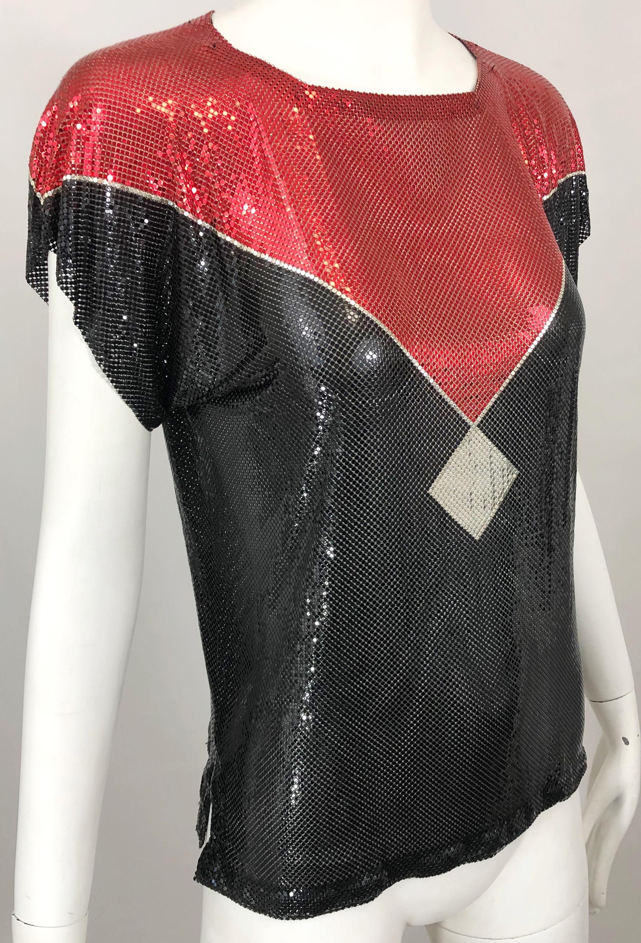 Women's Avant Garde 1970s Whiting & Davis Red + Black + Silver Chainmail Metal Mesh Top For Sale