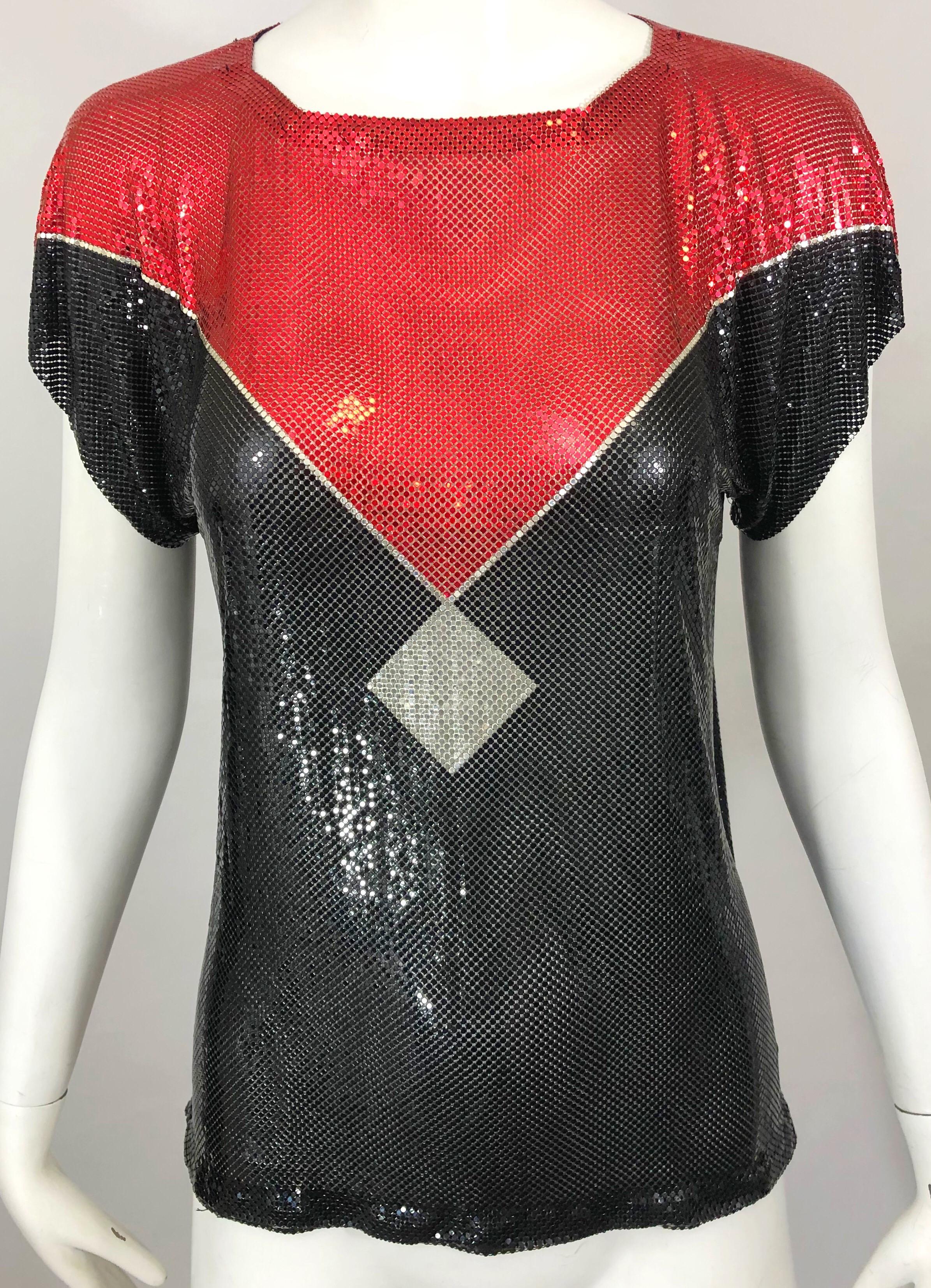 Avant Garde 1970s Whiting & Davis Red + Black + Silver Chainmail Metal Mesh Top For Sale 1