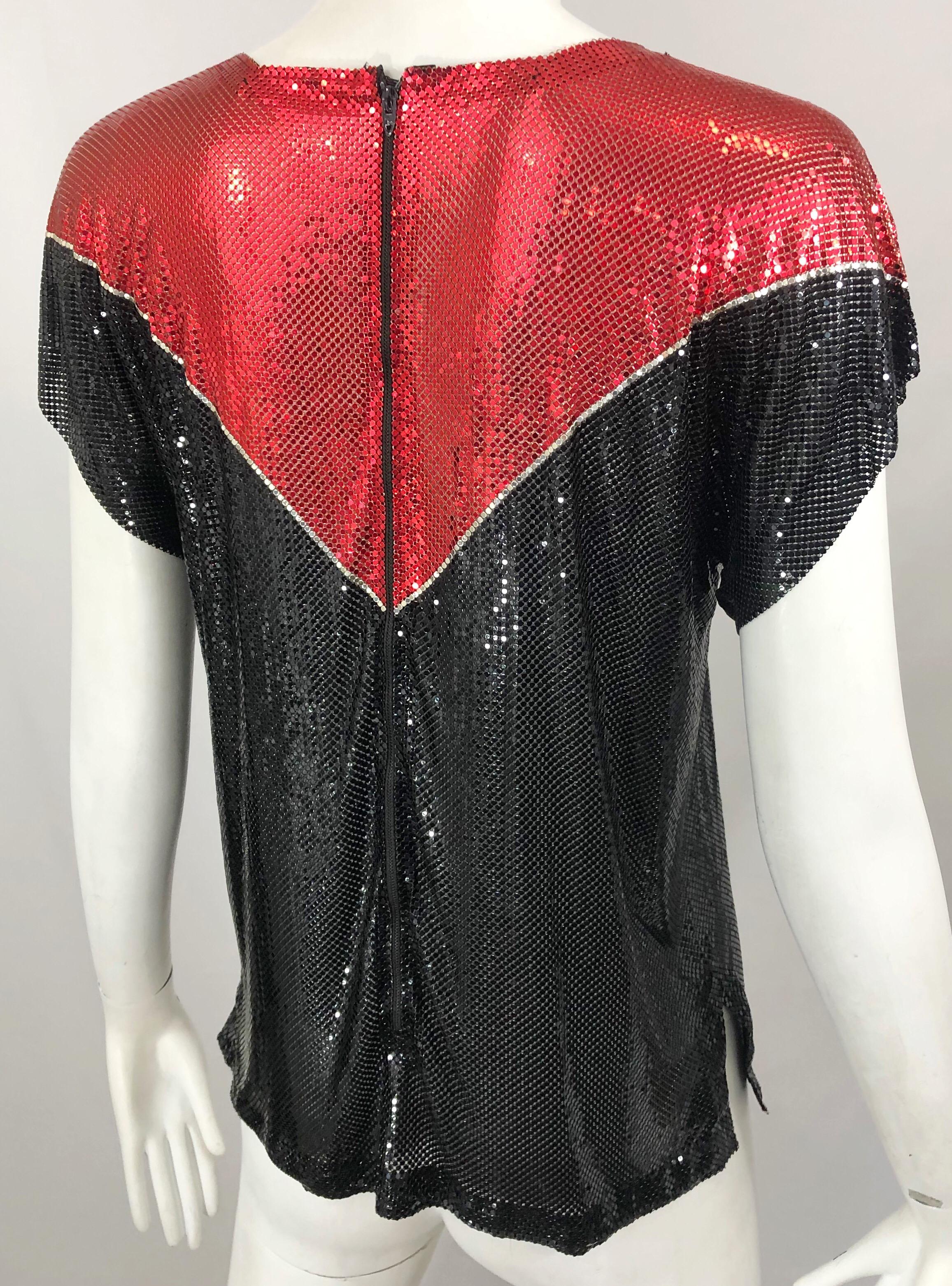 Avant Garde 1970s Whiting & Davis Red + Black + Silver Chainmail Metal Mesh Top For Sale 2