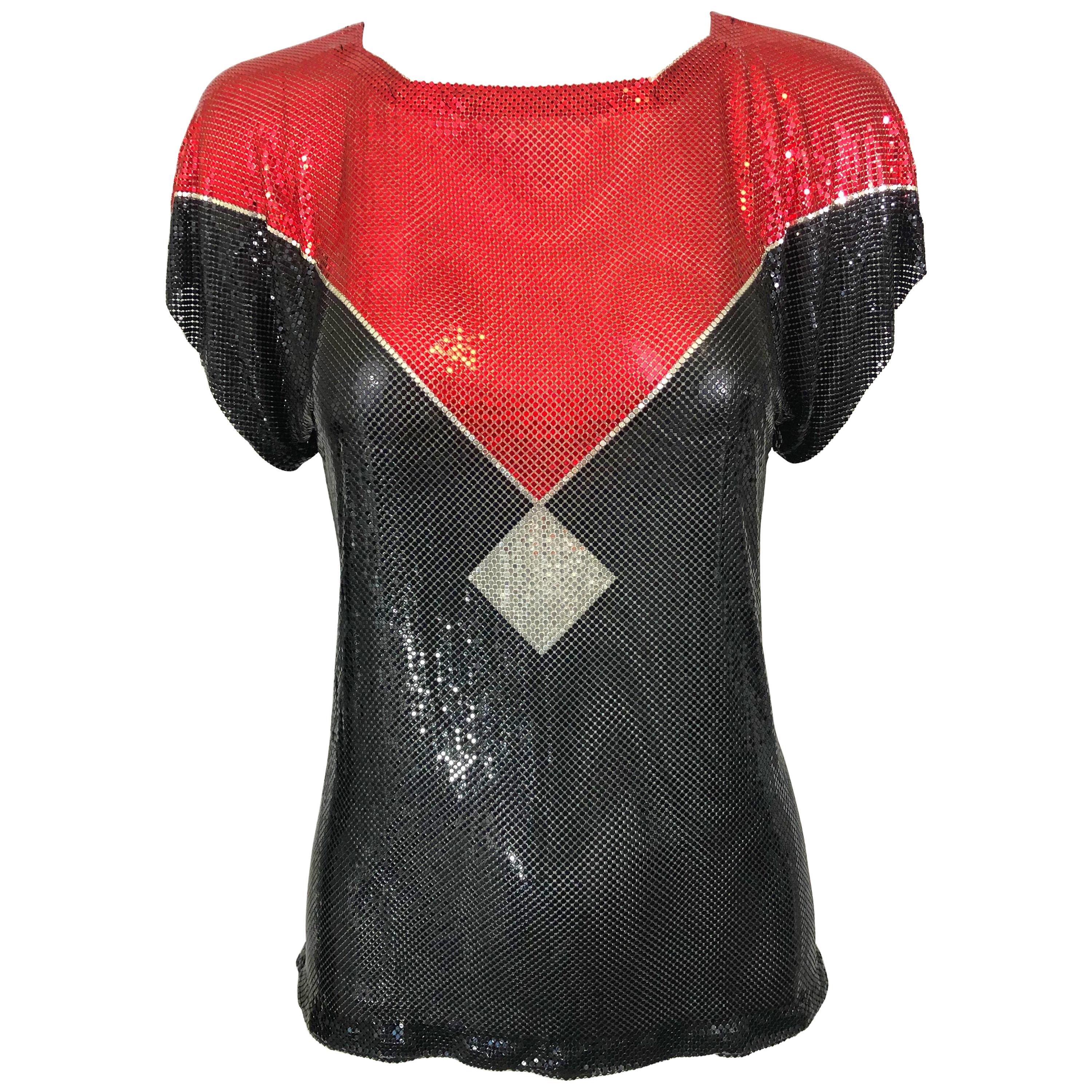 Avant Garde 1970s Whiting & Davis Red + Black + Silver Chainmail Metal Mesh Top For Sale