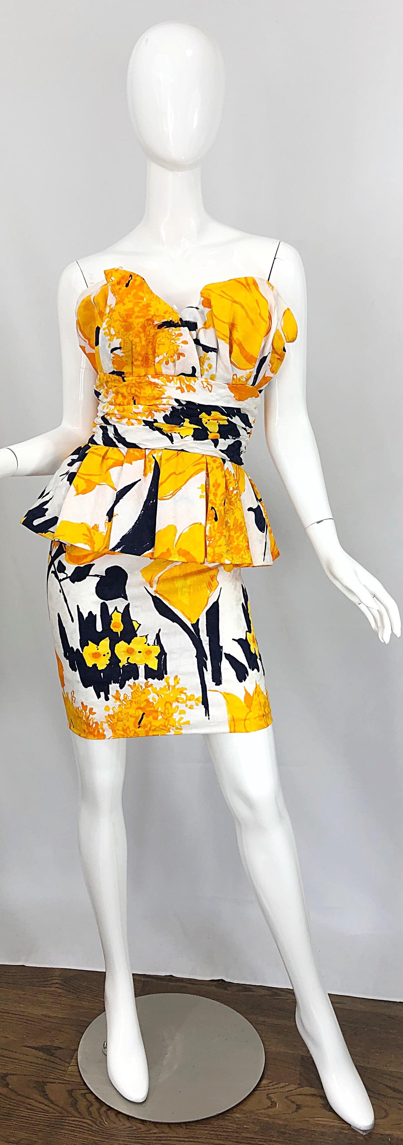 Avant Garde 1980s Amen Wardy Abstract Flower Print Vintage 80s Strapless Dress For Sale 9