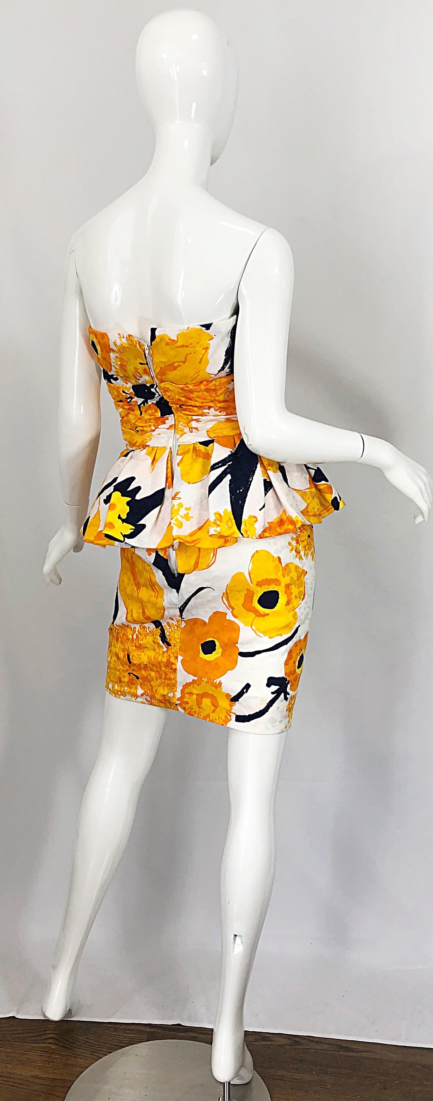 Orange Avant Garde 1980s Amen Wardy Abstract Flower Print Vintage 80s Strapless Dress For Sale