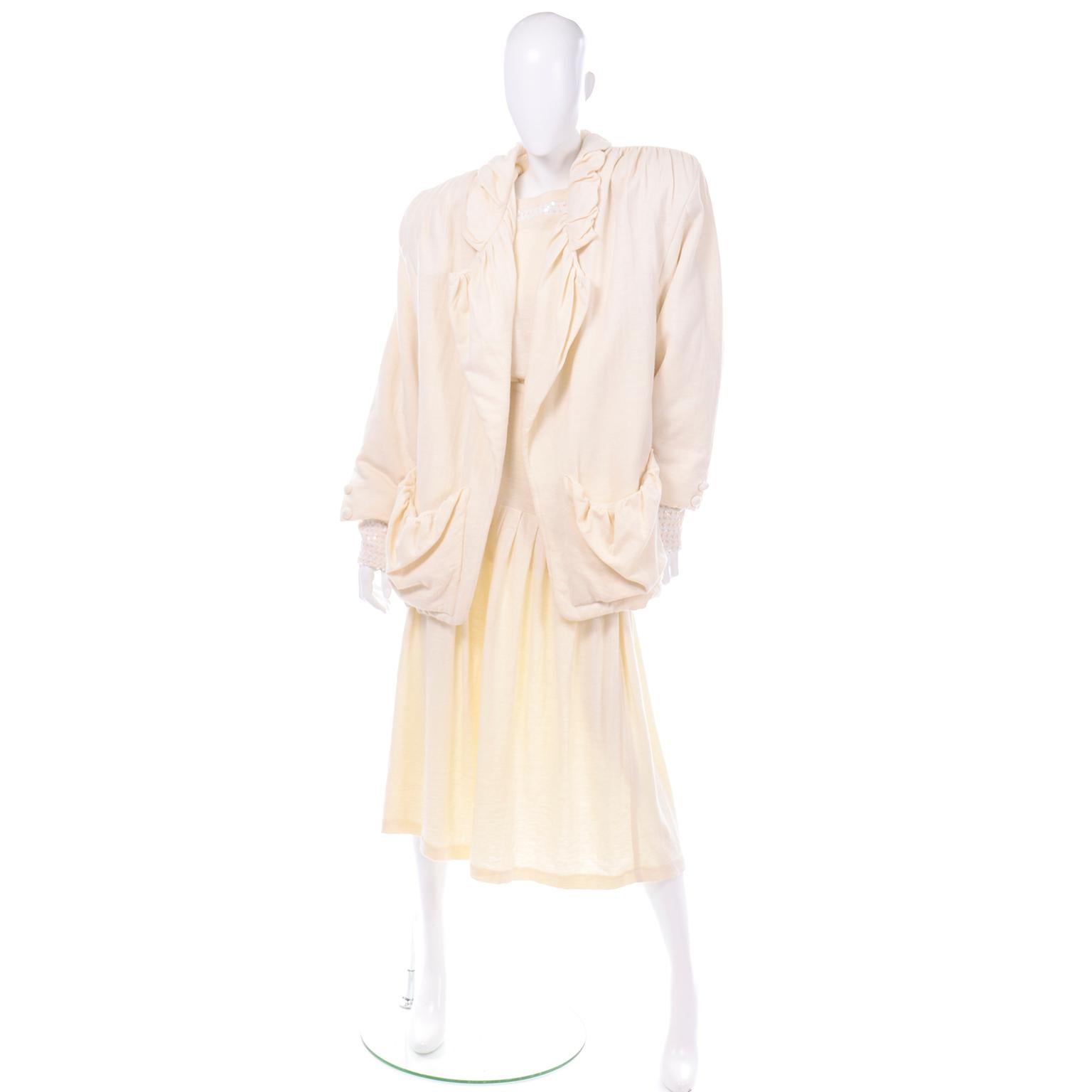 White Avant Garde 1980s Gene Ewing 3pc Vintage Skirt Sequin Top & Oversized Jacket For Sale
