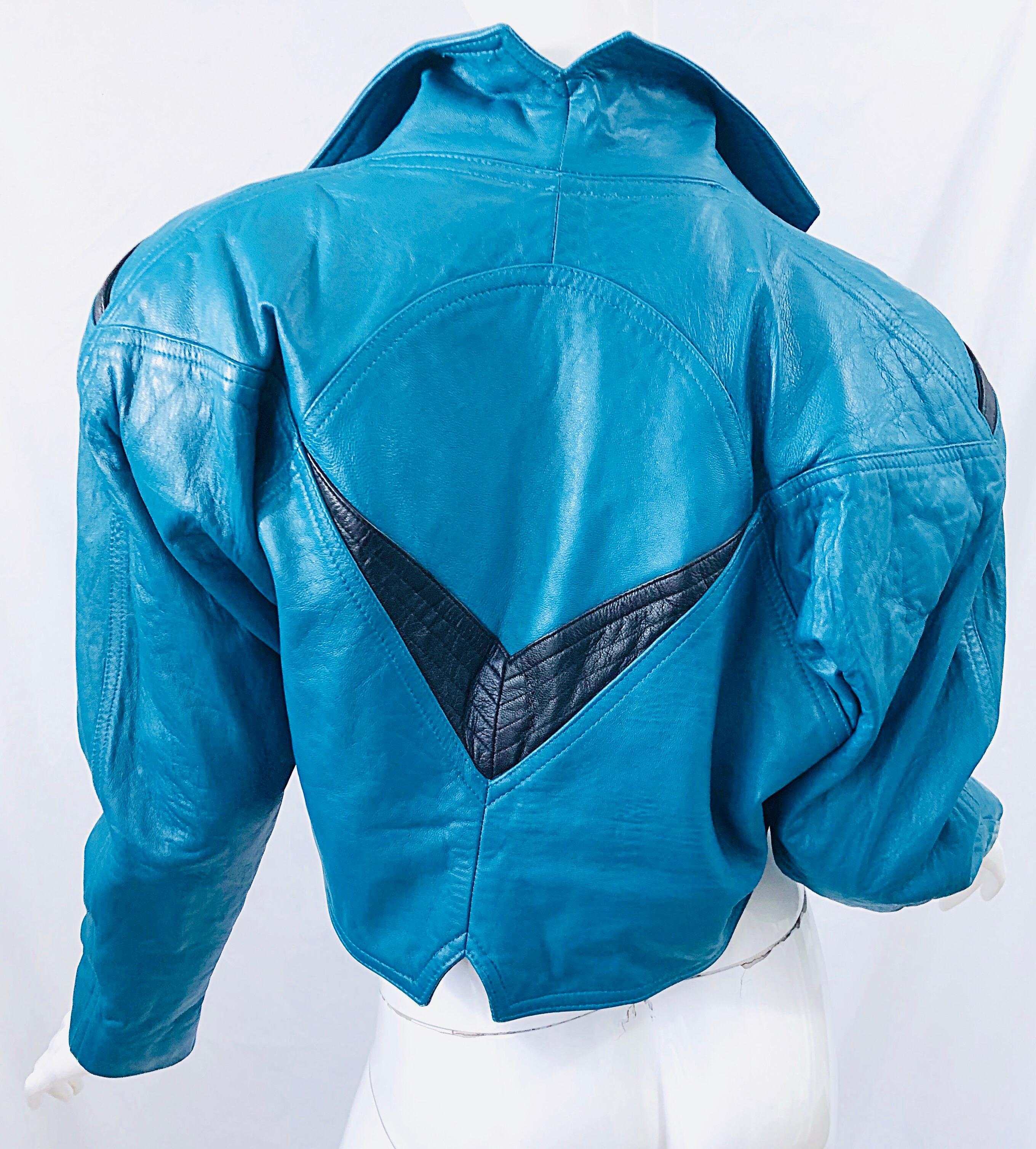 Avant Garde 1980s Teal Blue Black Leather Vintage 80s Cropped Jacket Medium 3