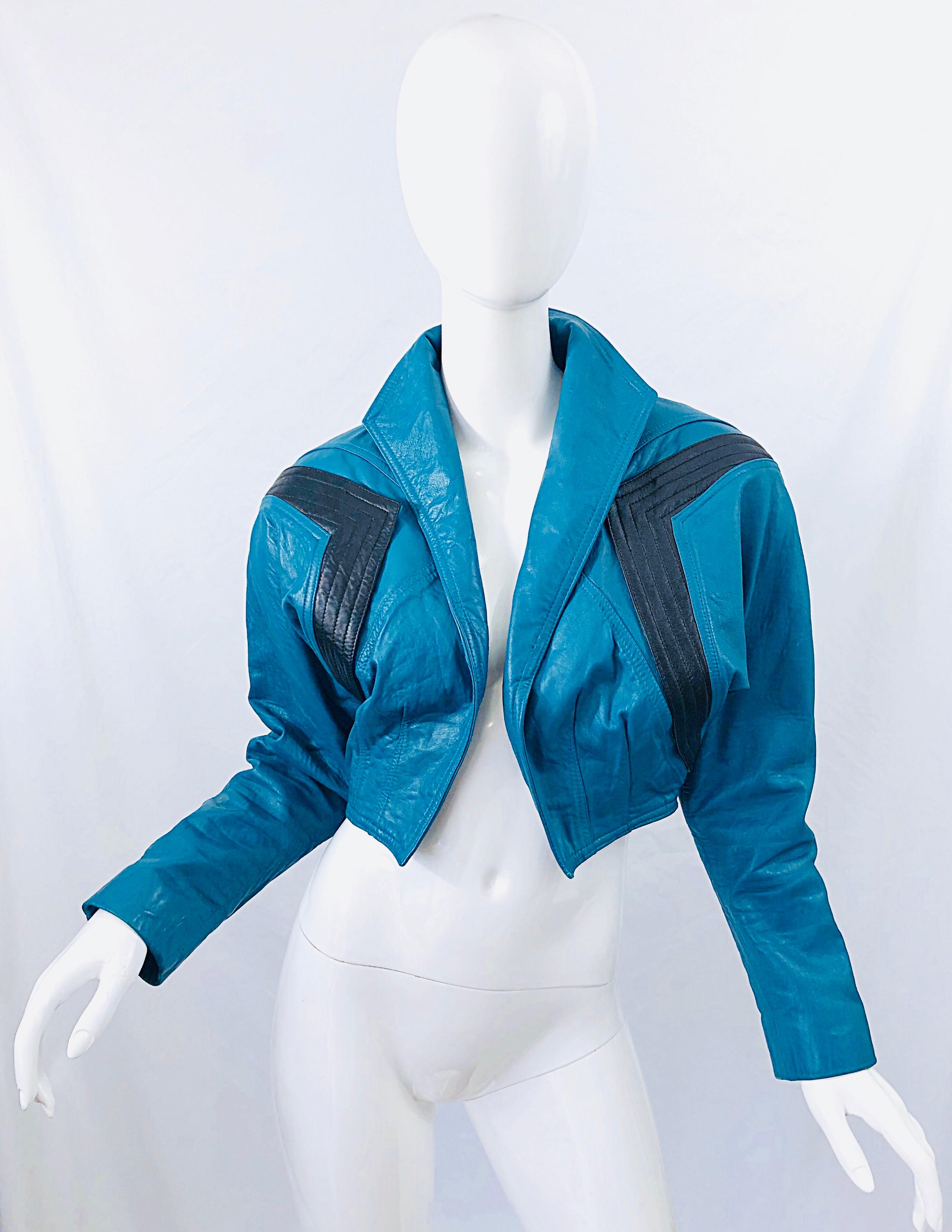 Avant Garde 1980s Teal Blue Black Leather Vintage 80s Cropped Jacket Medium 6