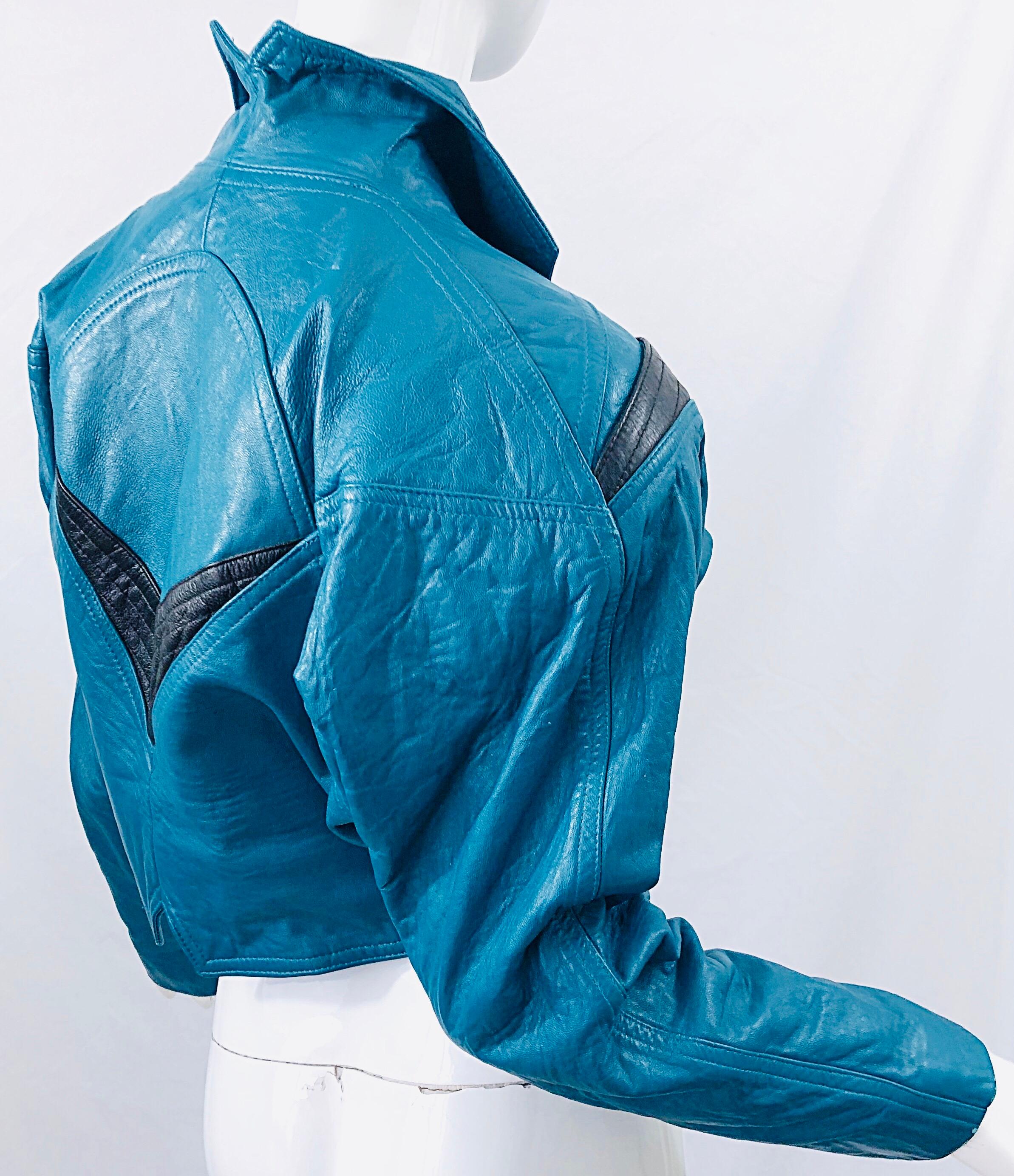 Women's Avant Garde 1980s Teal Blue Black Leather Vintage 80s Cropped Jacket Medium