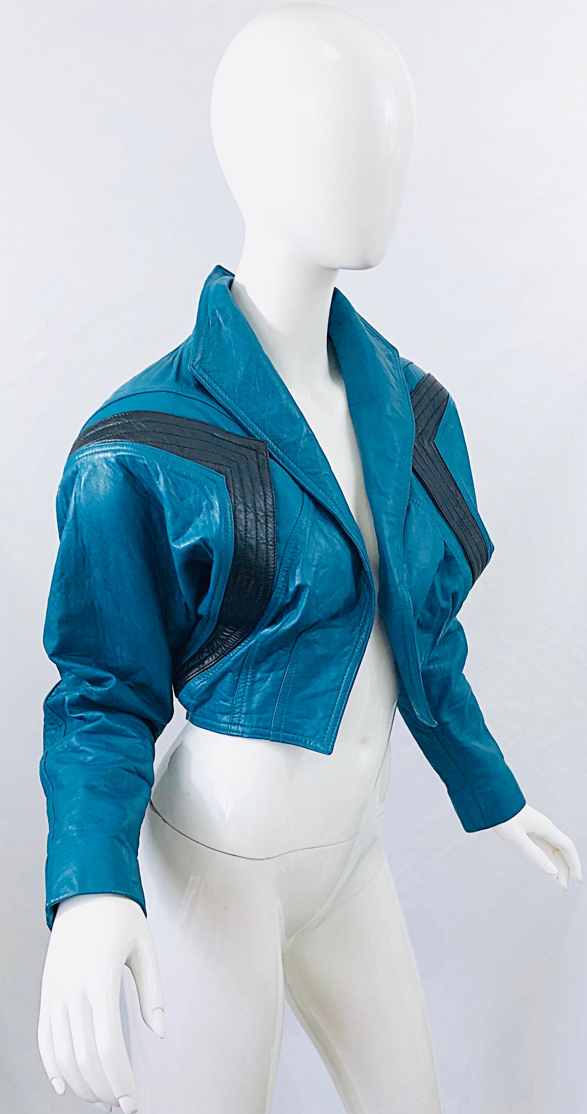Avant Garde 1980s Teal Blue Black Leather Vintage 80s Cropped Jacket Medium 1