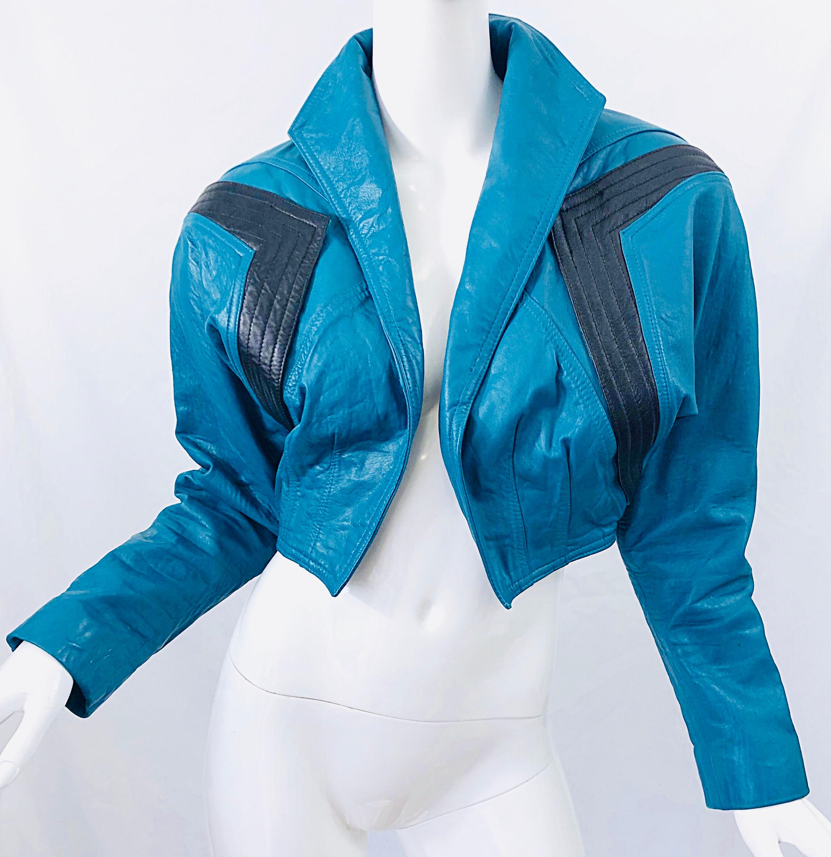 Avant Garde 1980s Teal Blue Black Leather Vintage 80s Cropped Jacket Medium 2
