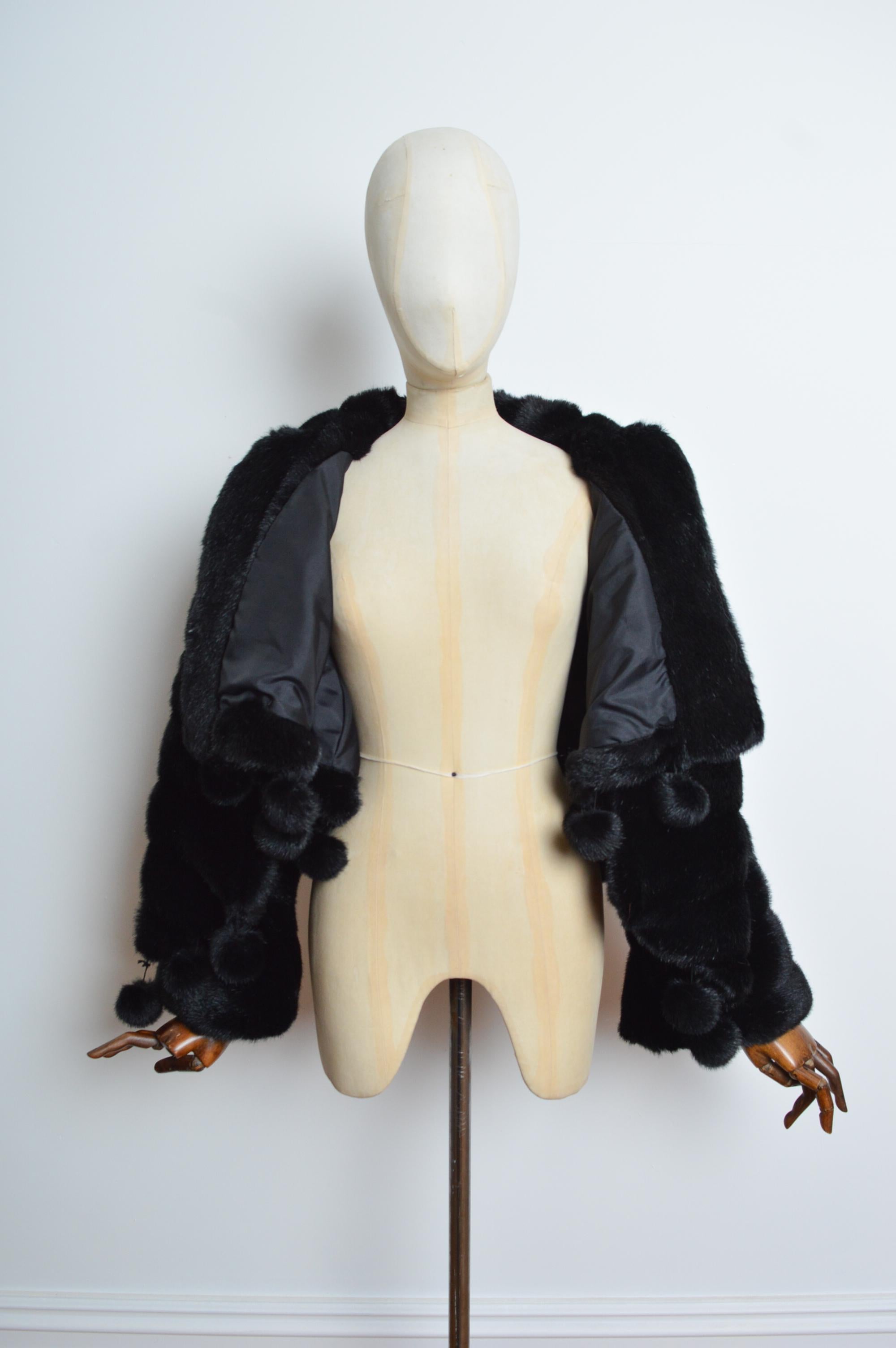 Avant Garde 1990’s Black Parisian Cropped Faux Fur Coat with Pom Poms For Sale 7
