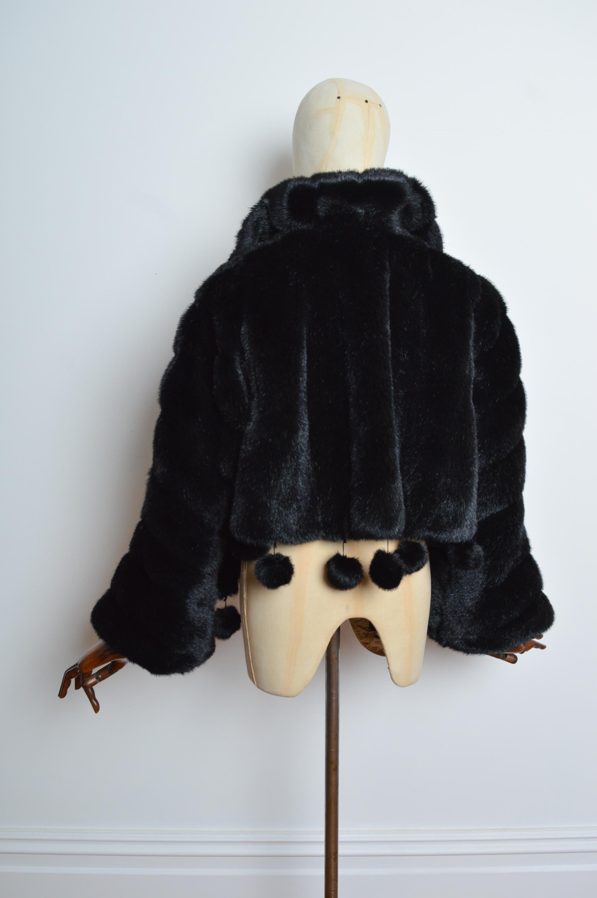 Avant Garde 1990’s Black Parisian Cropped Faux Fur Coat with Pom Poms For Sale 8