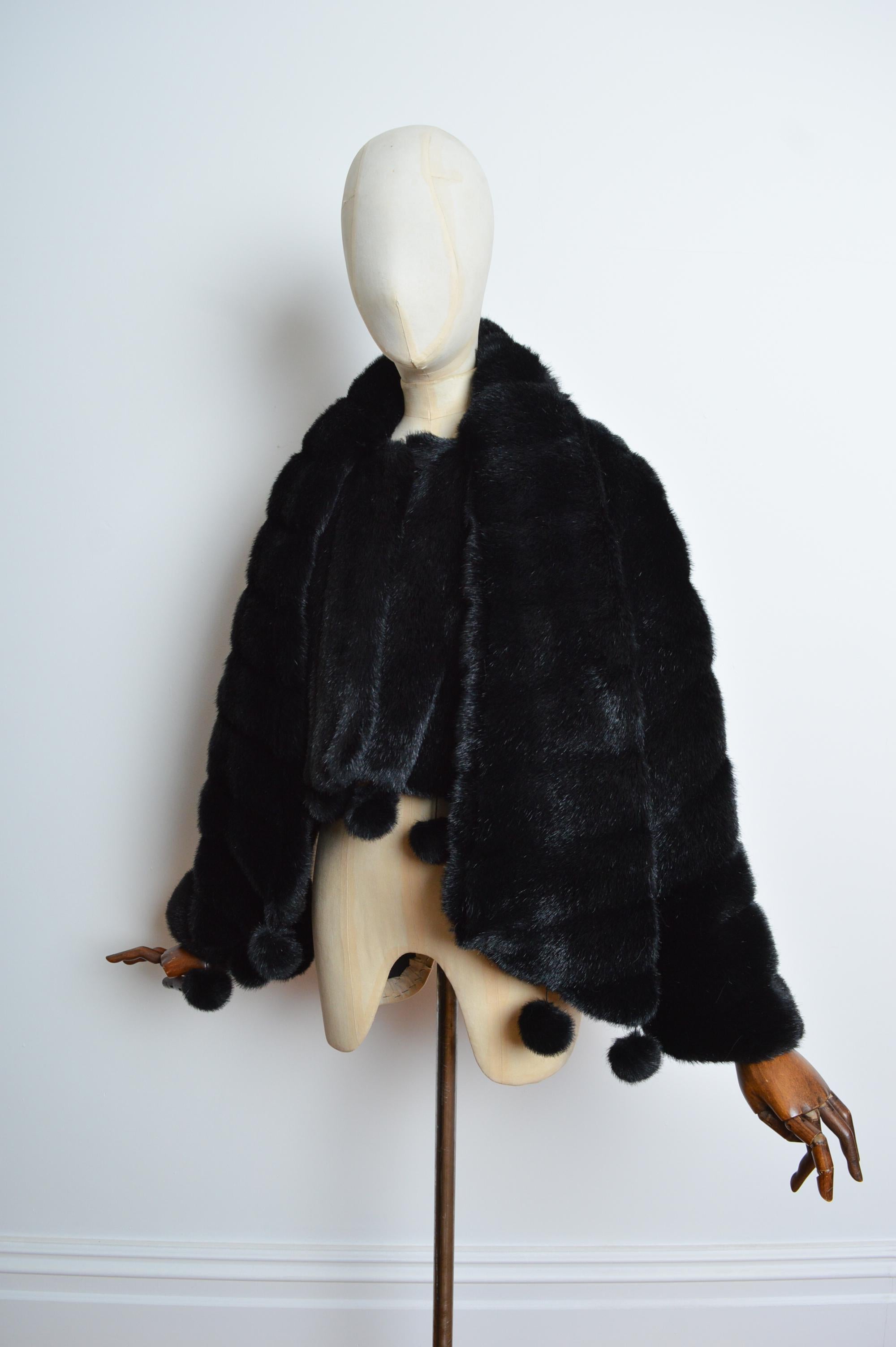Avant Garde 1990’s Black Parisian Cropped Faux Fur Coat with Pom Poms For Sale 10