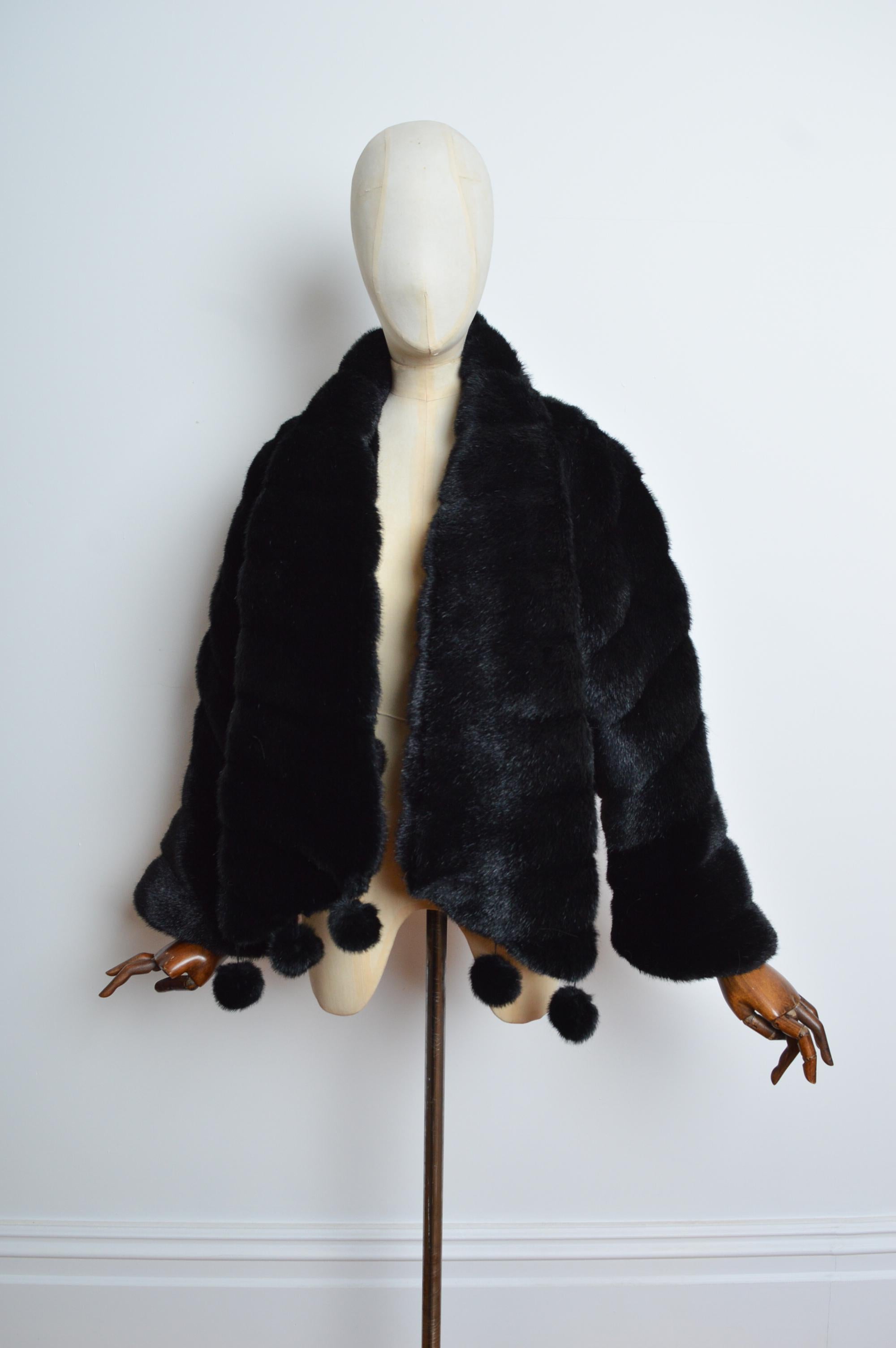 Avant Garde 1990’s Black Parisian Cropped Faux Fur Coat with Pom Poms For Sale 1