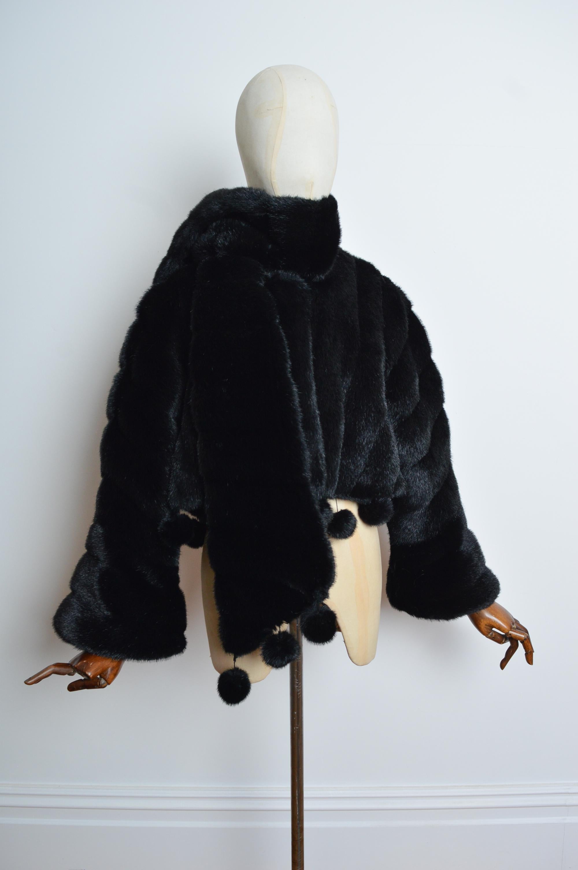 Avant Garde 1990’s Black Parisian Cropped Faux Fur Coat with Pom Poms For Sale 3