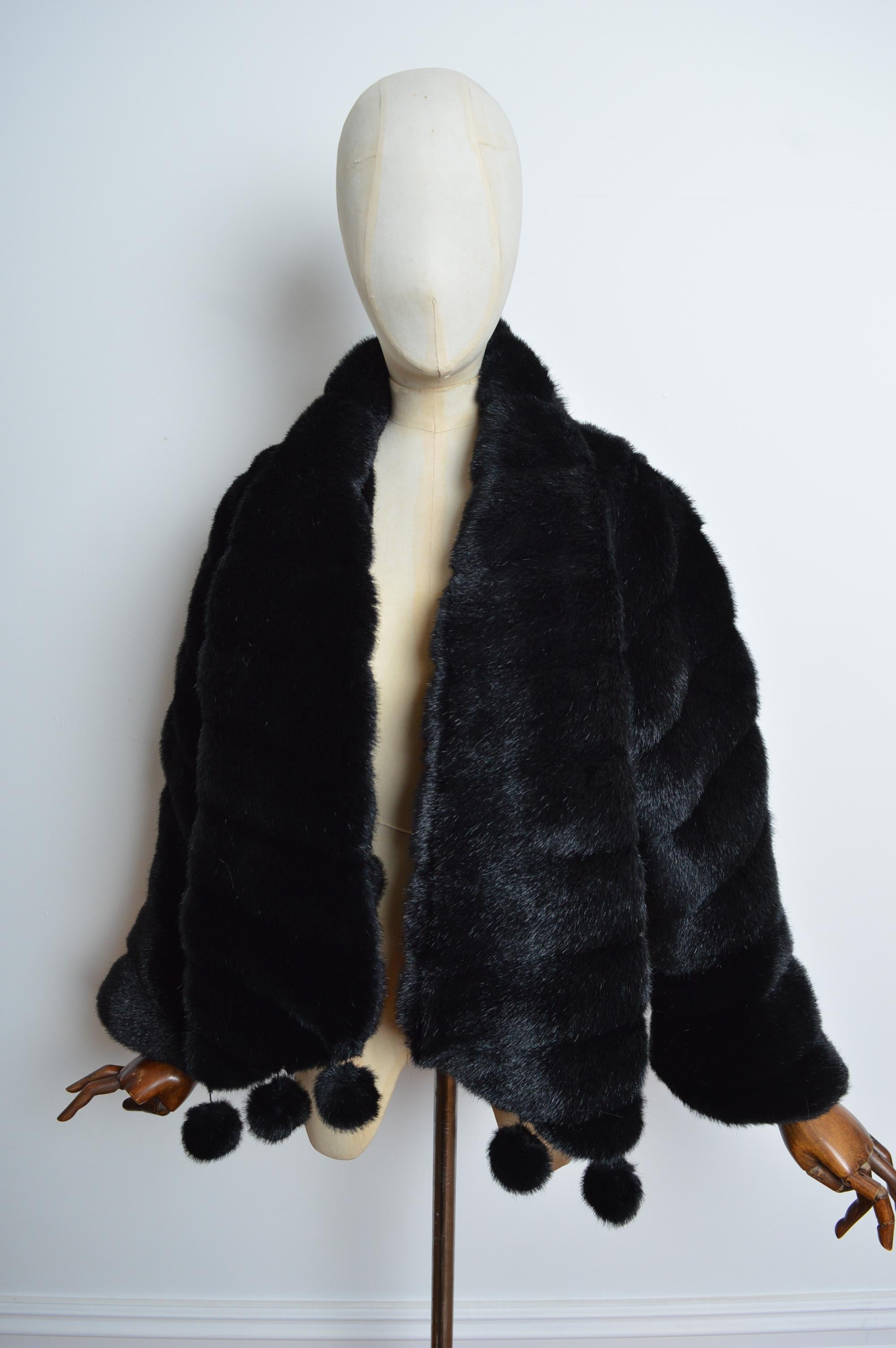 Avant Garde 1990’s Black Parisian Cropped Faux Fur Coat with Pom Poms For Sale 4