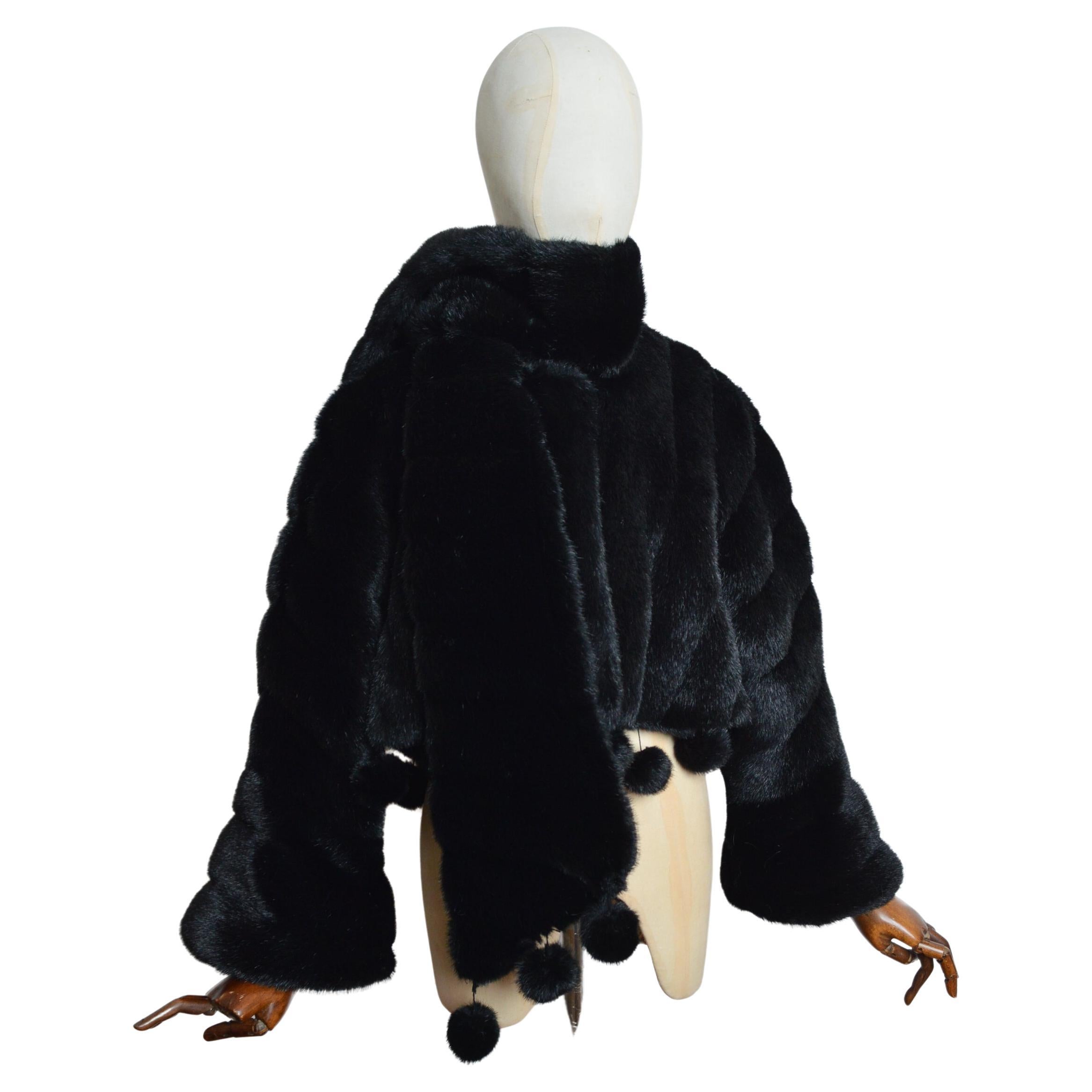 Avant Garde 1990’s Black Parisian Cropped Faux Fur Coat with Pom Poms For Sale