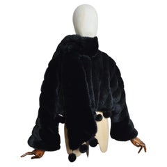 Avant Garde 1990’s Black Parisian Cropped Faux Fur Coat with Pom Poms