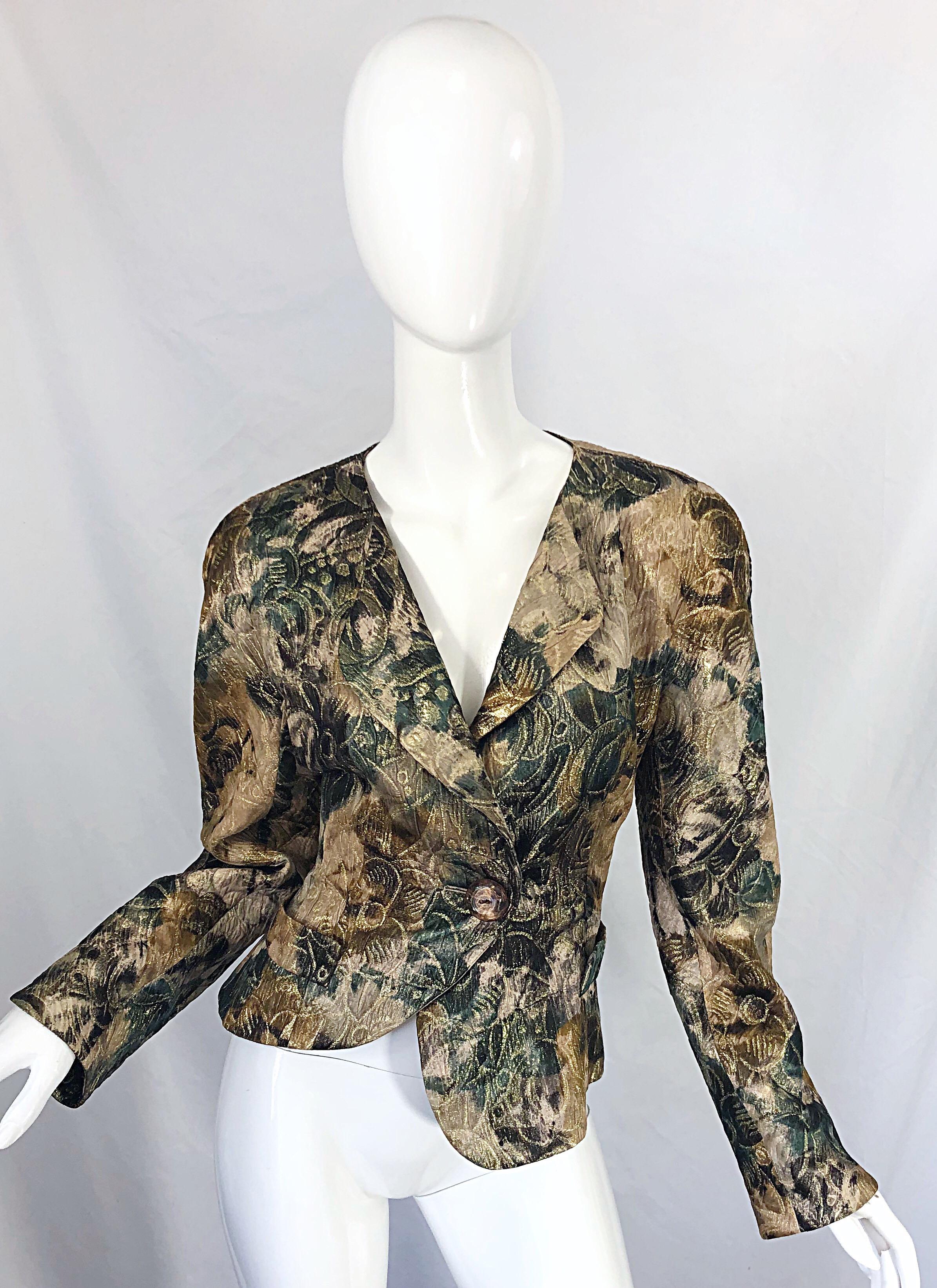 Brown Avant Garde 1990s Krizia Metallic Asymmetrical Vintage 90s Silk Skirt Suit  For Sale