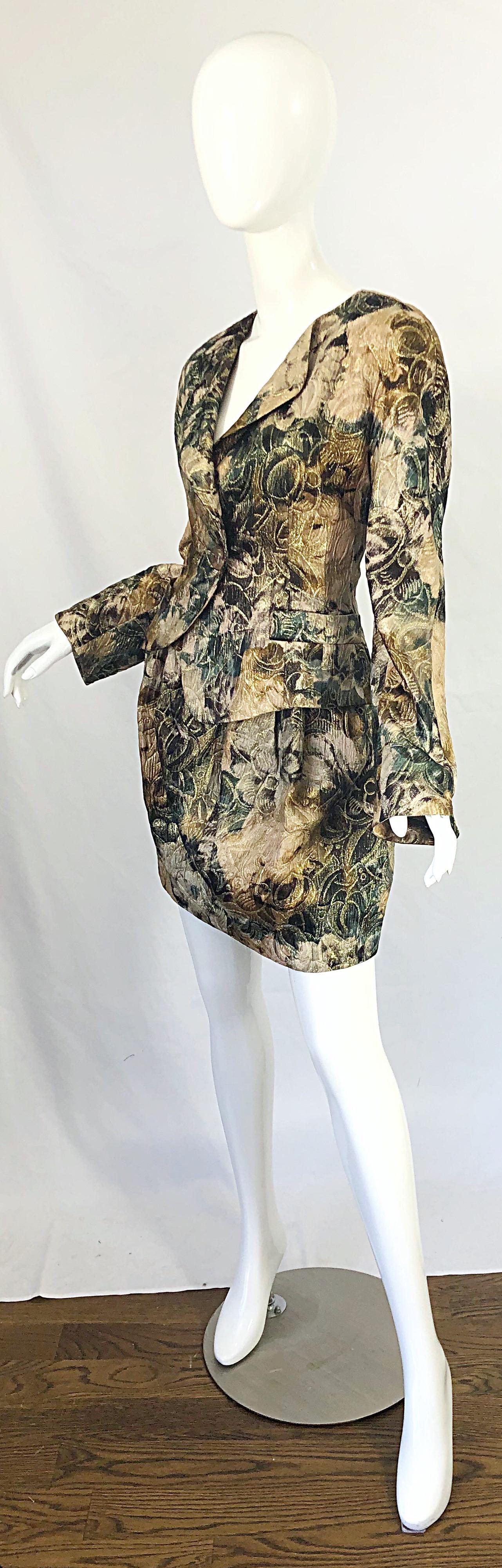 Avant Garde 1990s Krizia Metallic Asymmetrical Vintage 90s Silk Skirt Suit For Sale 2