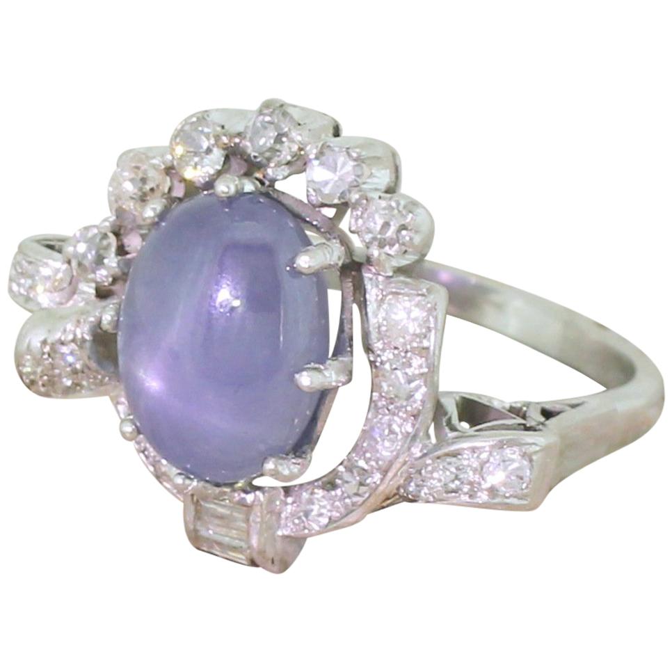 Avant Garde 7.63 Carat Ceylon Star Sapphire and Diamond White Gold Ring For Sale
