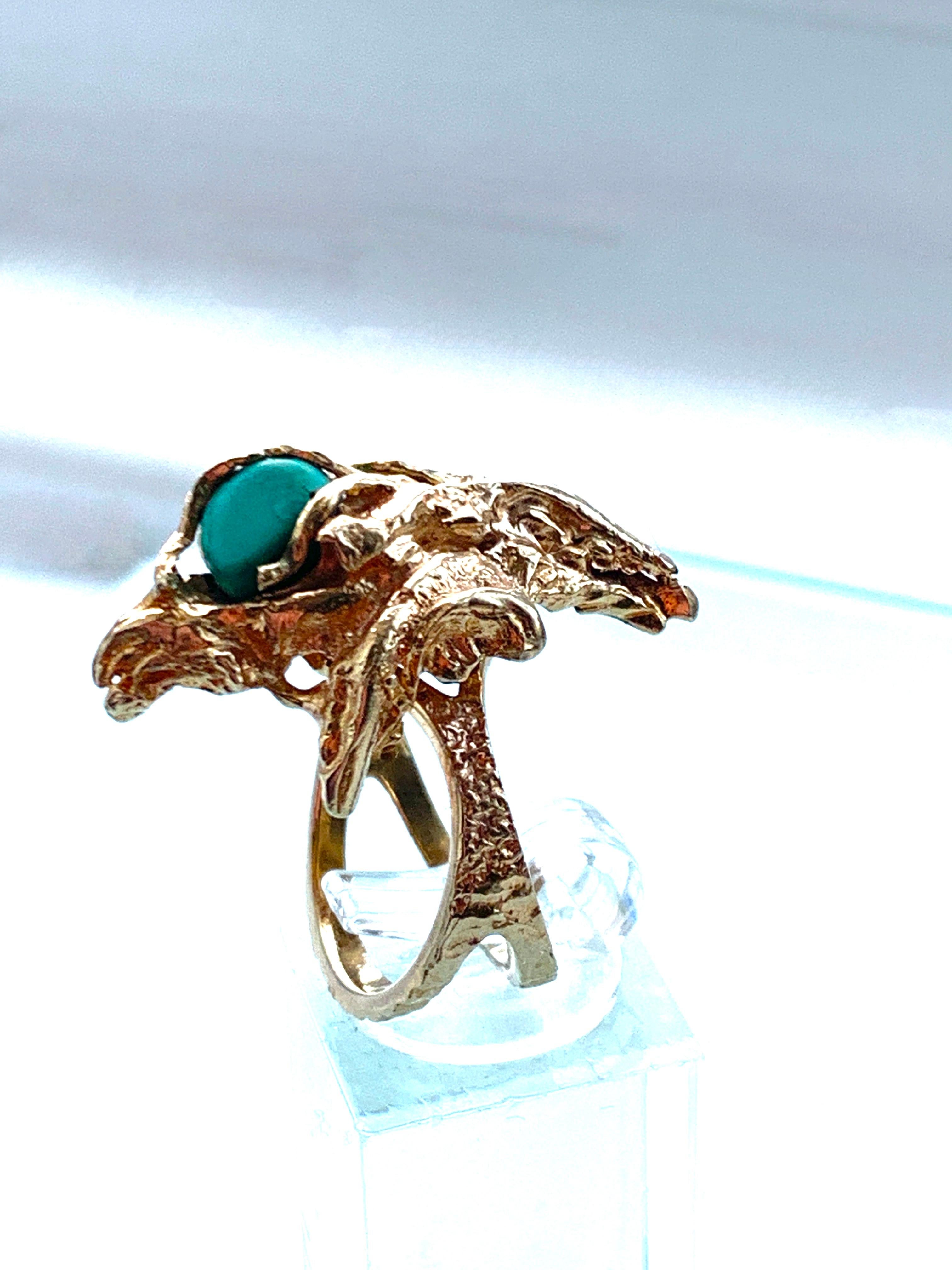  9ct Gold & Turquoise Brutalist Ring For Sale 3