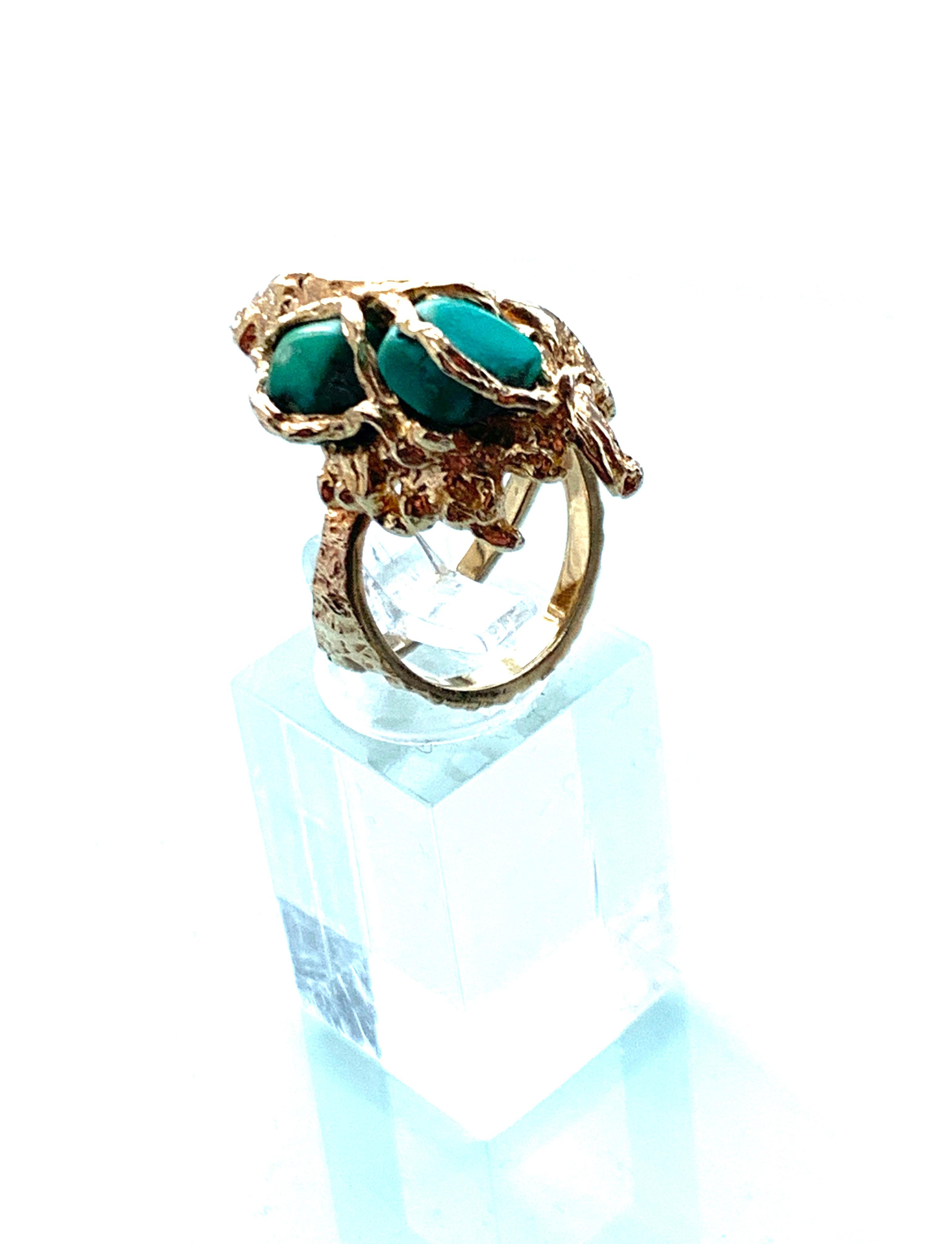 Artisan  9ct Gold & Turquoise Brutalist Ring For Sale