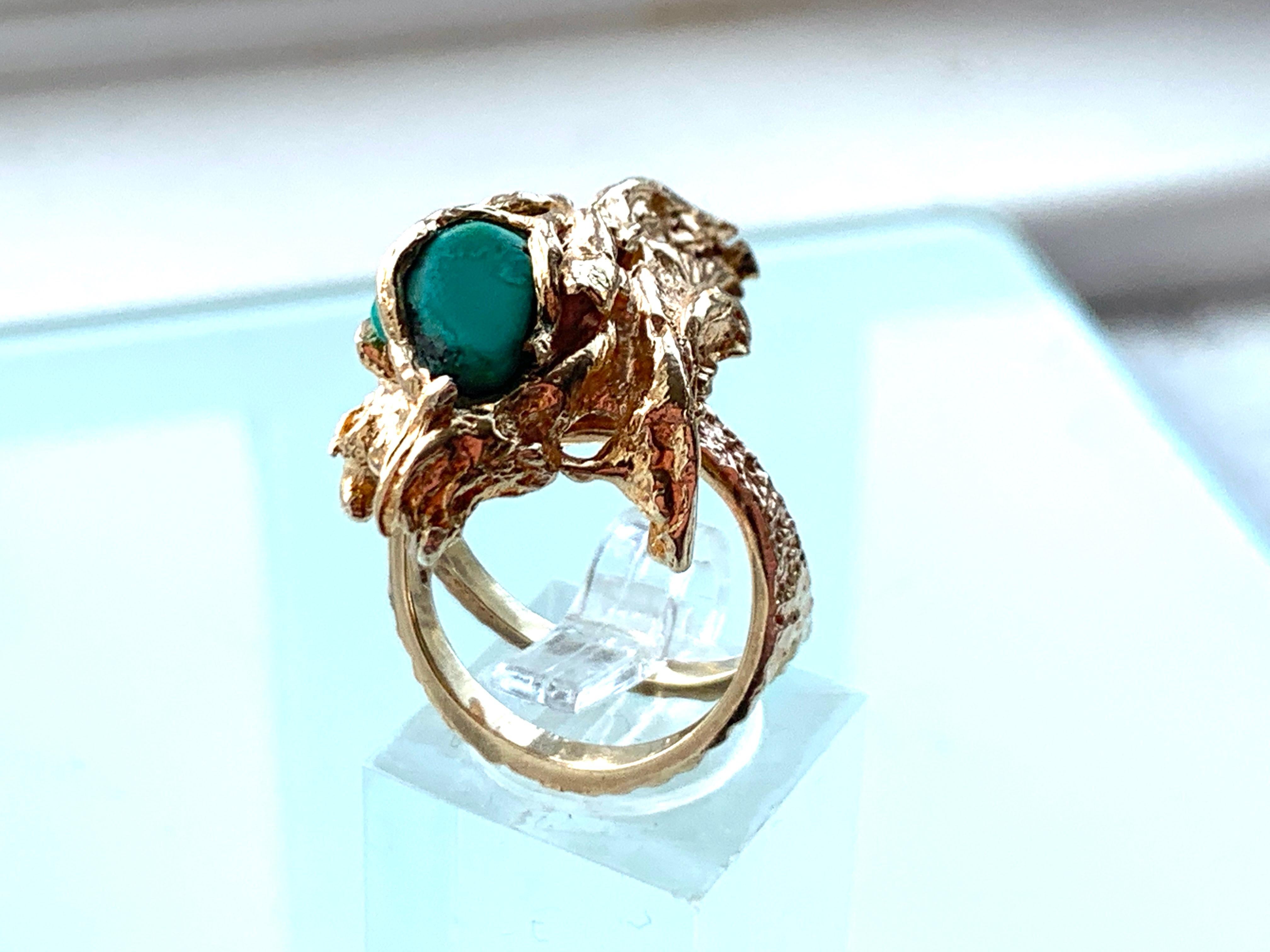 Uncut  9ct Gold & Turquoise Brutalist Ring For Sale