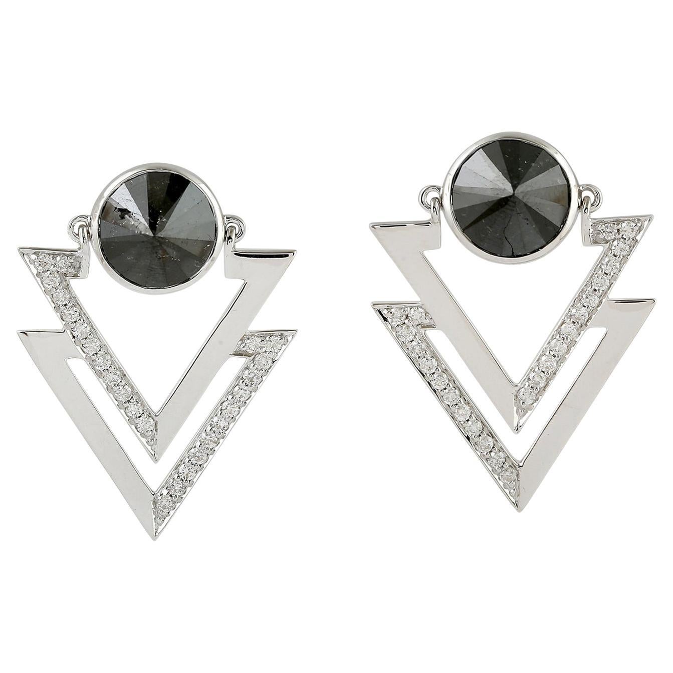 Avant-Garde Black 
White Diamond Geometric Earrings In 18KT White Gold For Sale