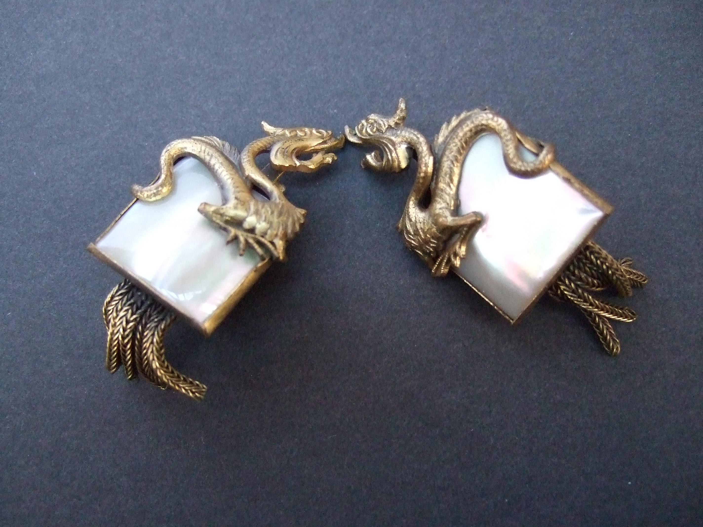 Avant-garde Brass Mother of Pearl Dragon Design Clip-on Earrings c 1960 1