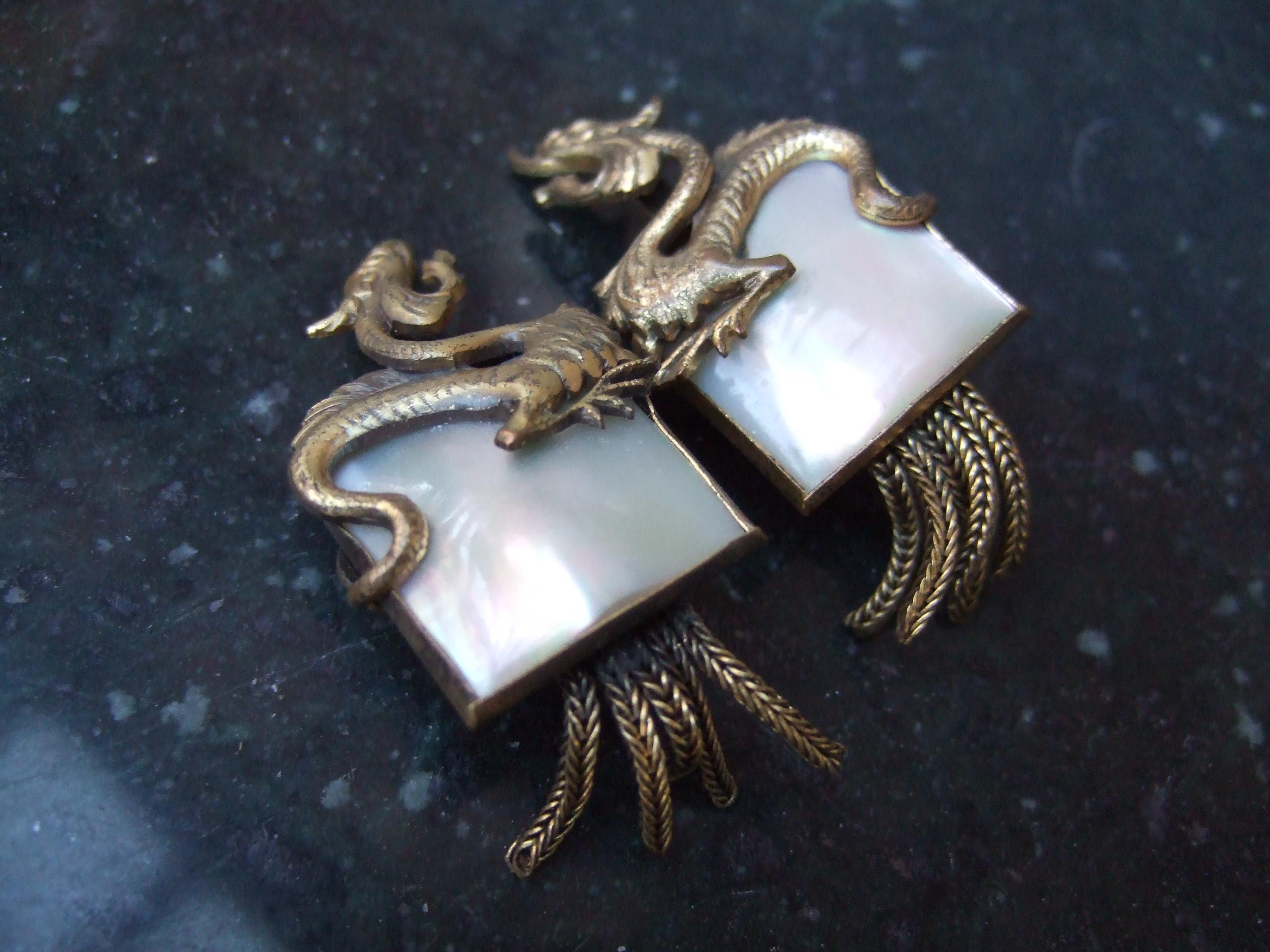 Avant-garde Brass Mother of Pearl Dragon Design Clip-on Earrings c 1960 2