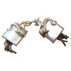 Avant-garde Brass Mother of Pearl Dragon Design Clip-on Earrings c 1960