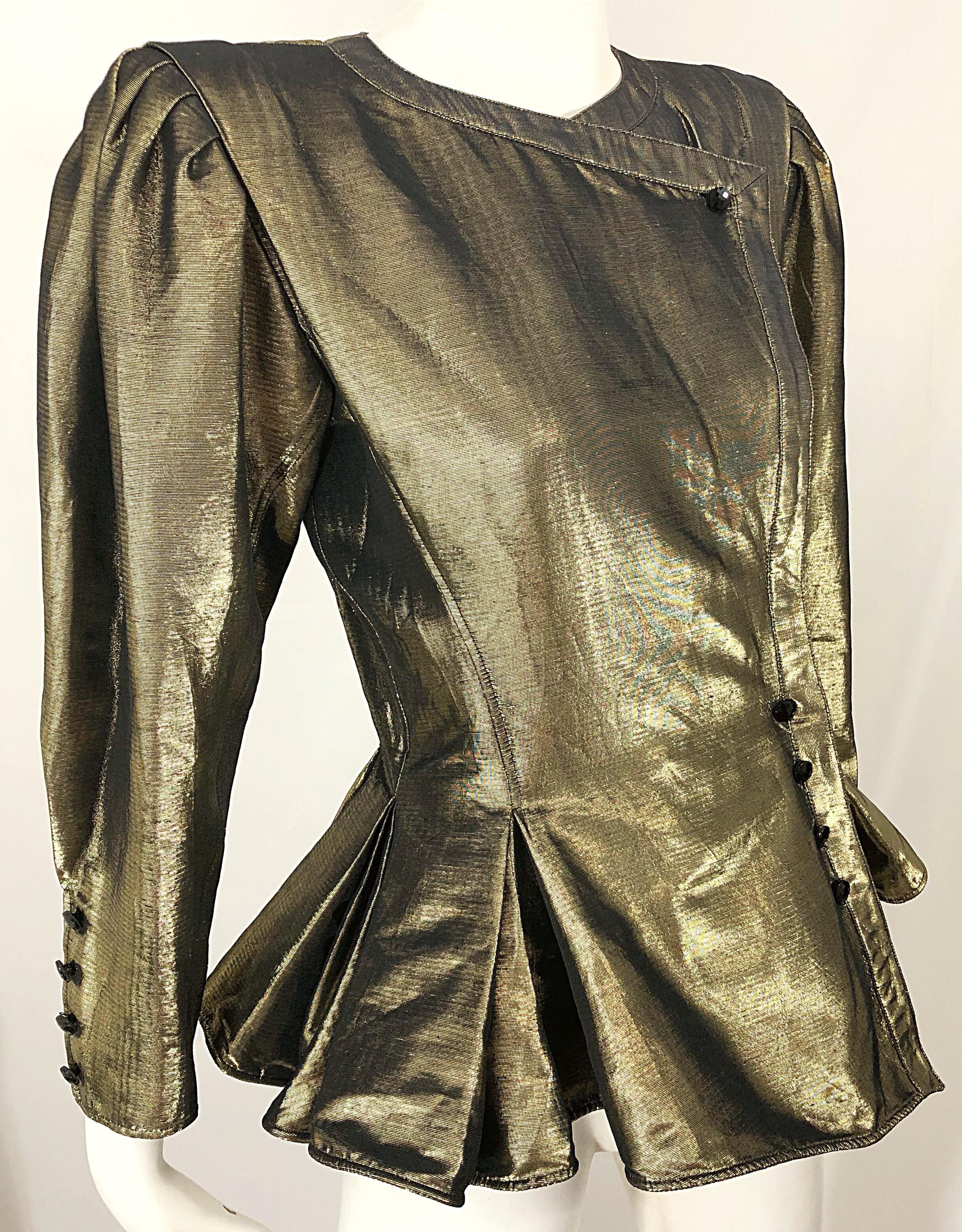 Avant Garde Emanuel Ungaro 1980s Gold Silk Metallic Vintage Peplum 80s Jacket 4