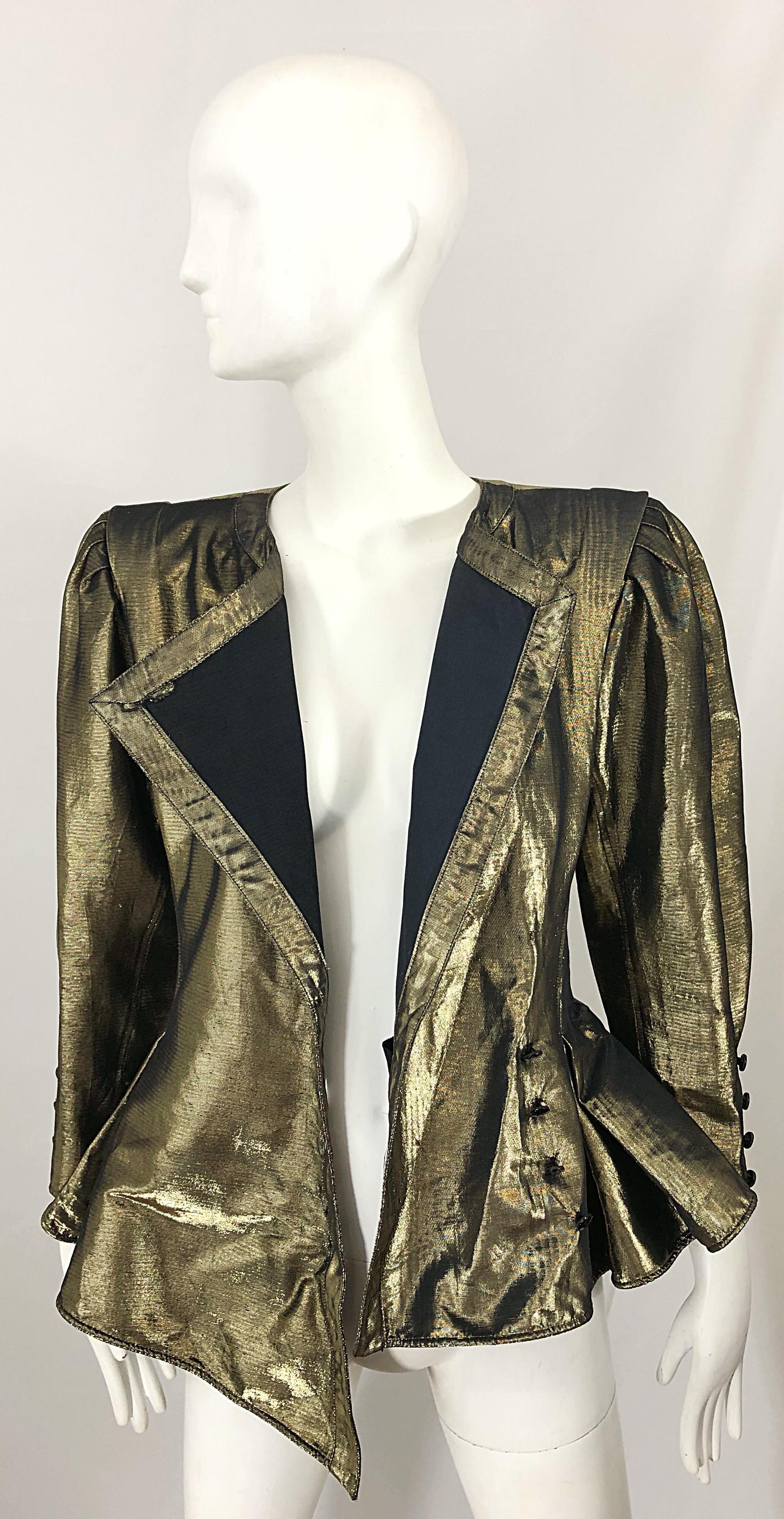 Avant Garde Emanuel Ungaro 1980s Gold Silk Metallic Vintage Peplum 80s Jacket 5