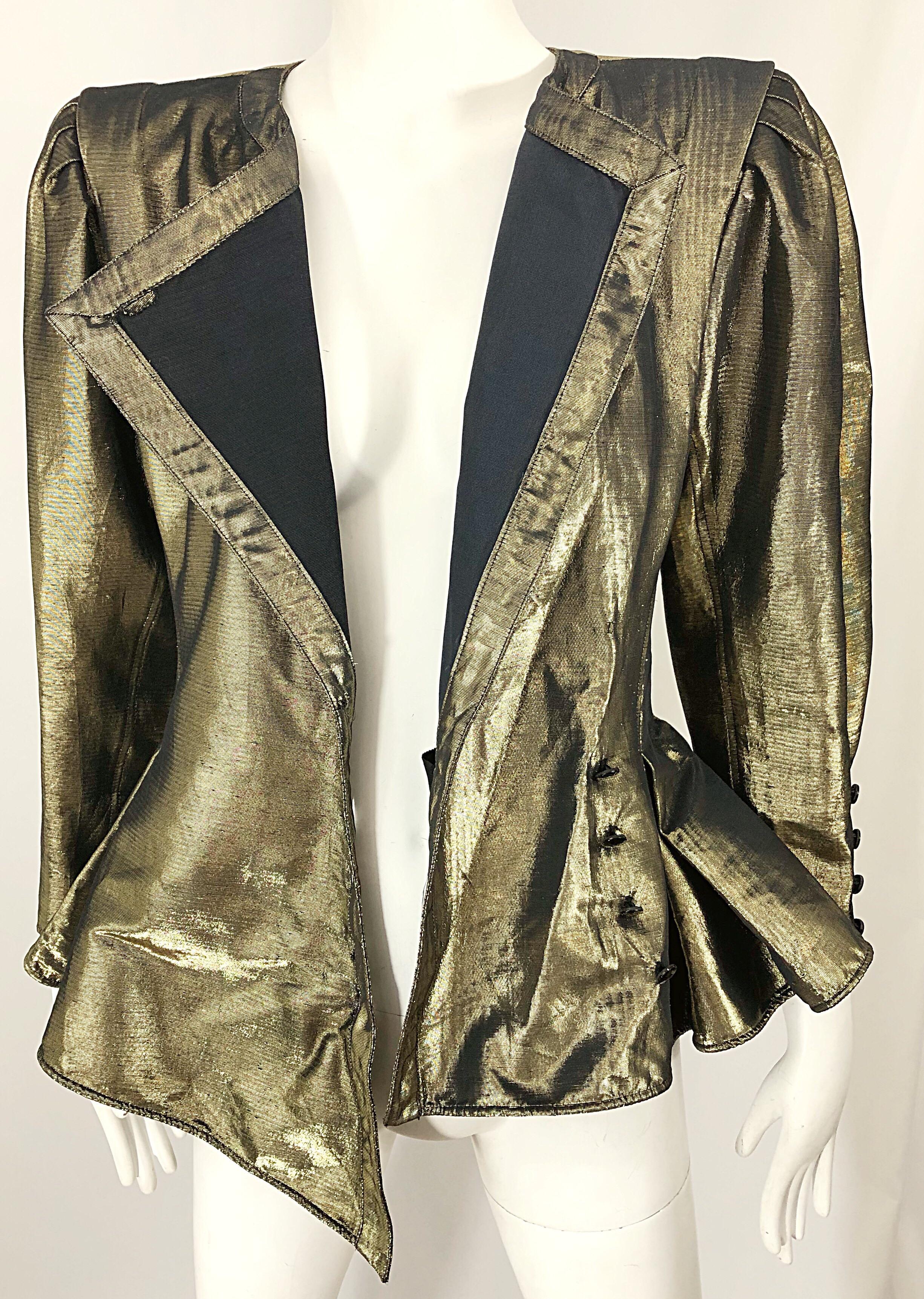 Avant Garde Emanuel Ungaro 1980s Gold Silk Metallic Vintage Peplum 80s Jacket 8