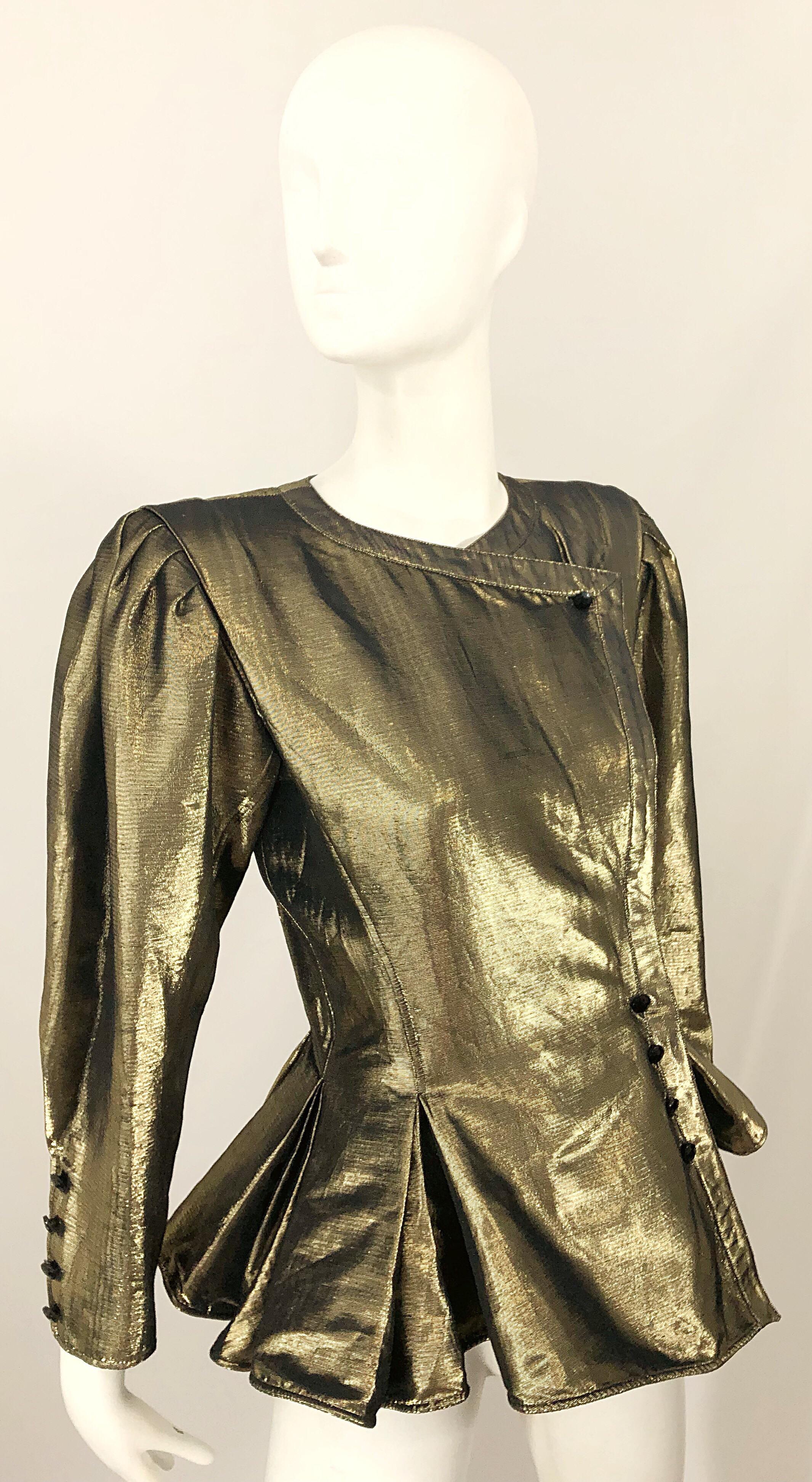 Brown Avant Garde Emanuel Ungaro 1980s Gold Silk Metallic Vintage Peplum 80s Jacket