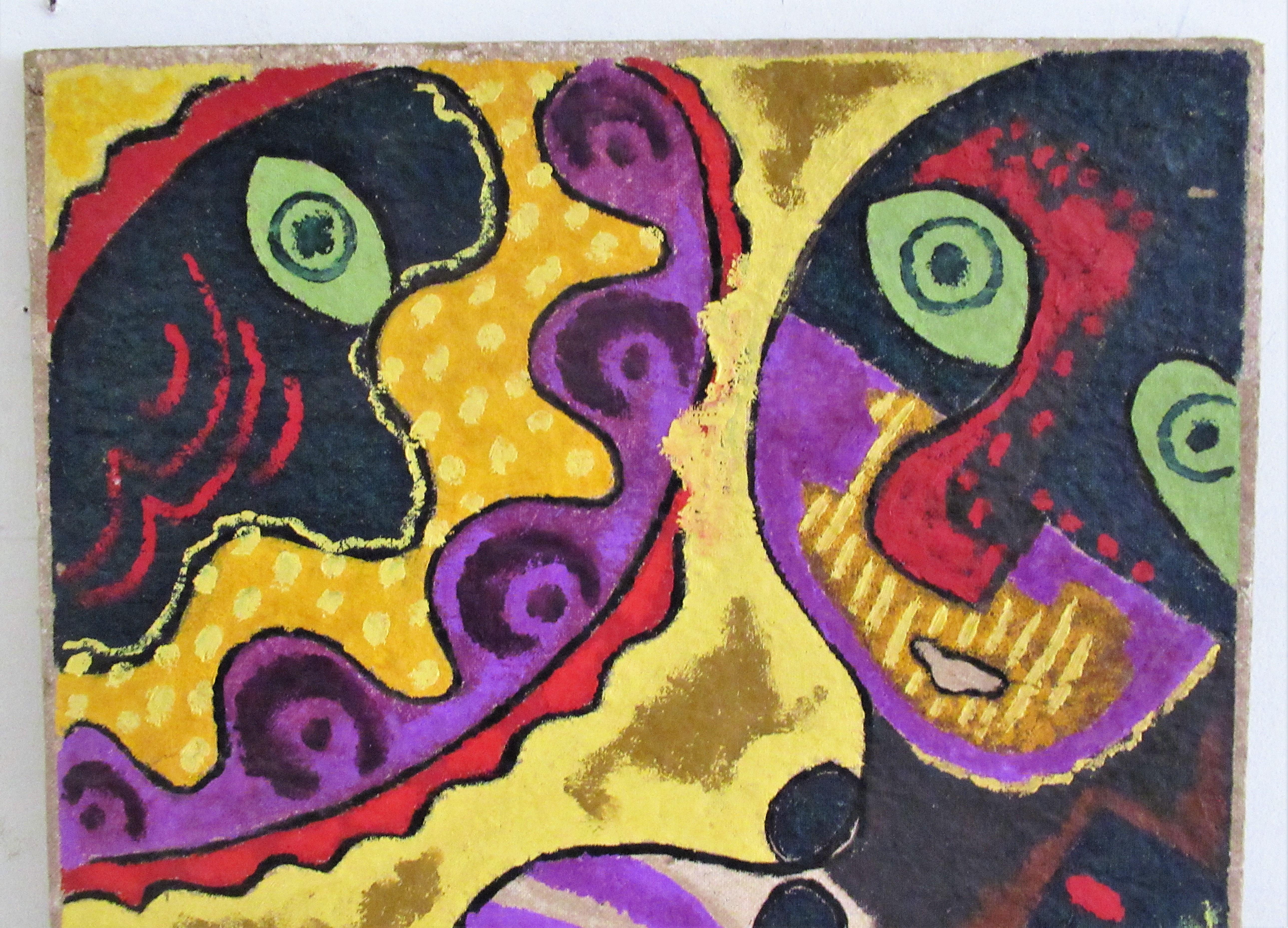 Peinture à l'huile moderniste primitive sur panneau d'homasote d'une figure masculine et d'une figure féminine (un autoportrait de Leon et de sa femme Thelma) par Brilliante (Leon Salter 1903-1976 North Rose, NY). Couleurs éclatantes et imagerie