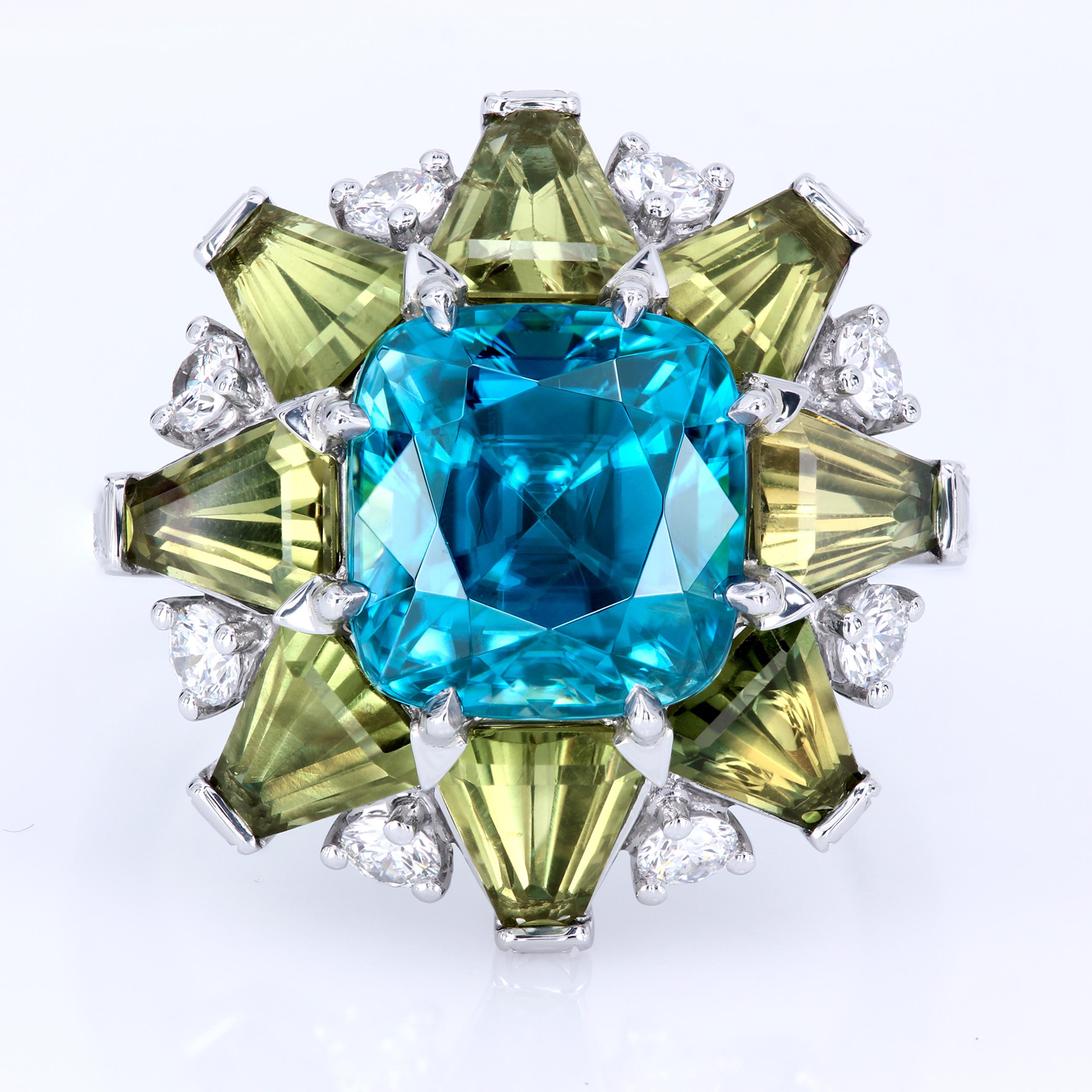 Contemporary Leon Mege Avant Garde Paraiba-Like Blue Zircon Fancy Sapphire Diamond Ring 