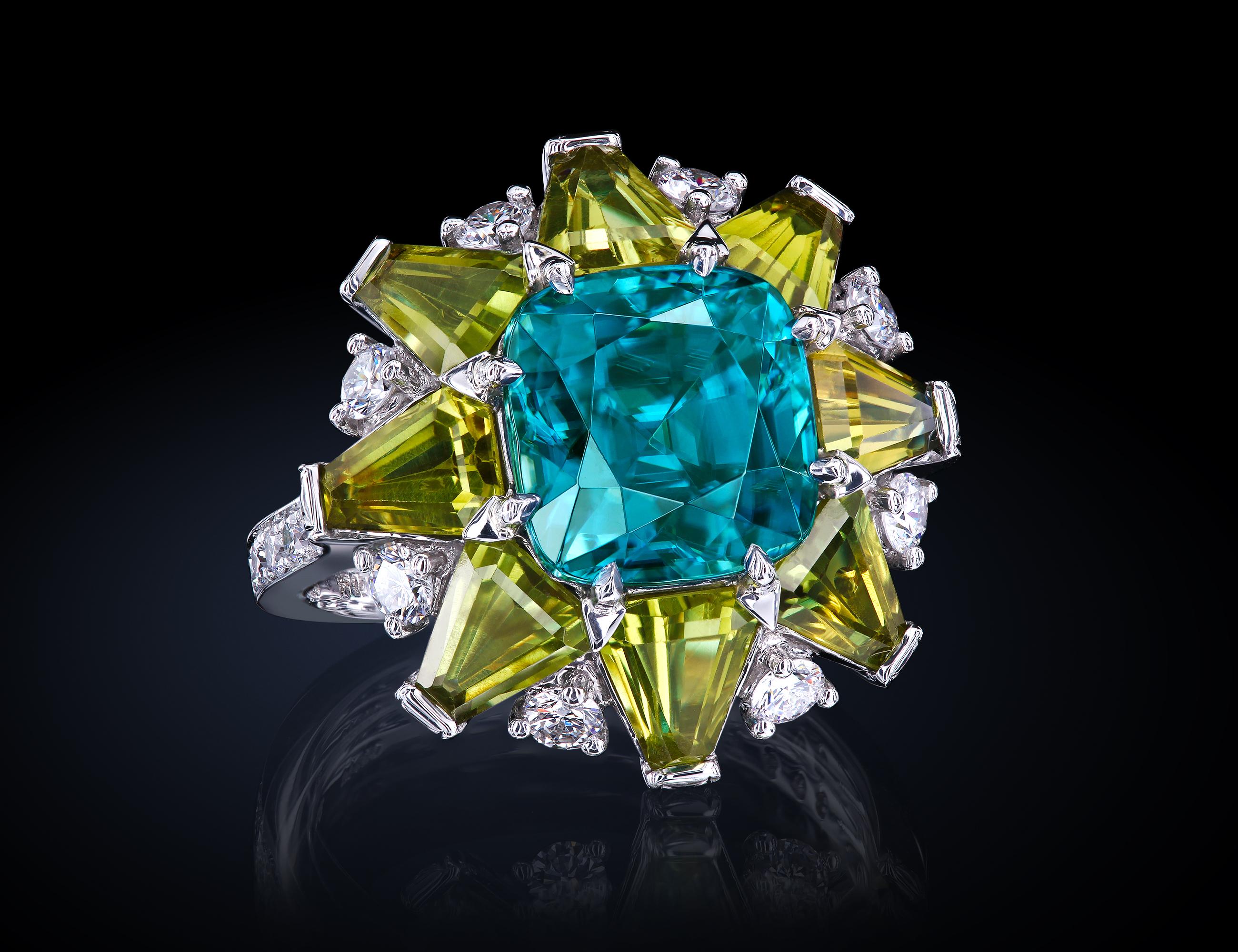 Cushion Cut Leon Mege Avant Garde Paraiba-Like Blue Zircon Fancy Sapphire Diamond Ring 