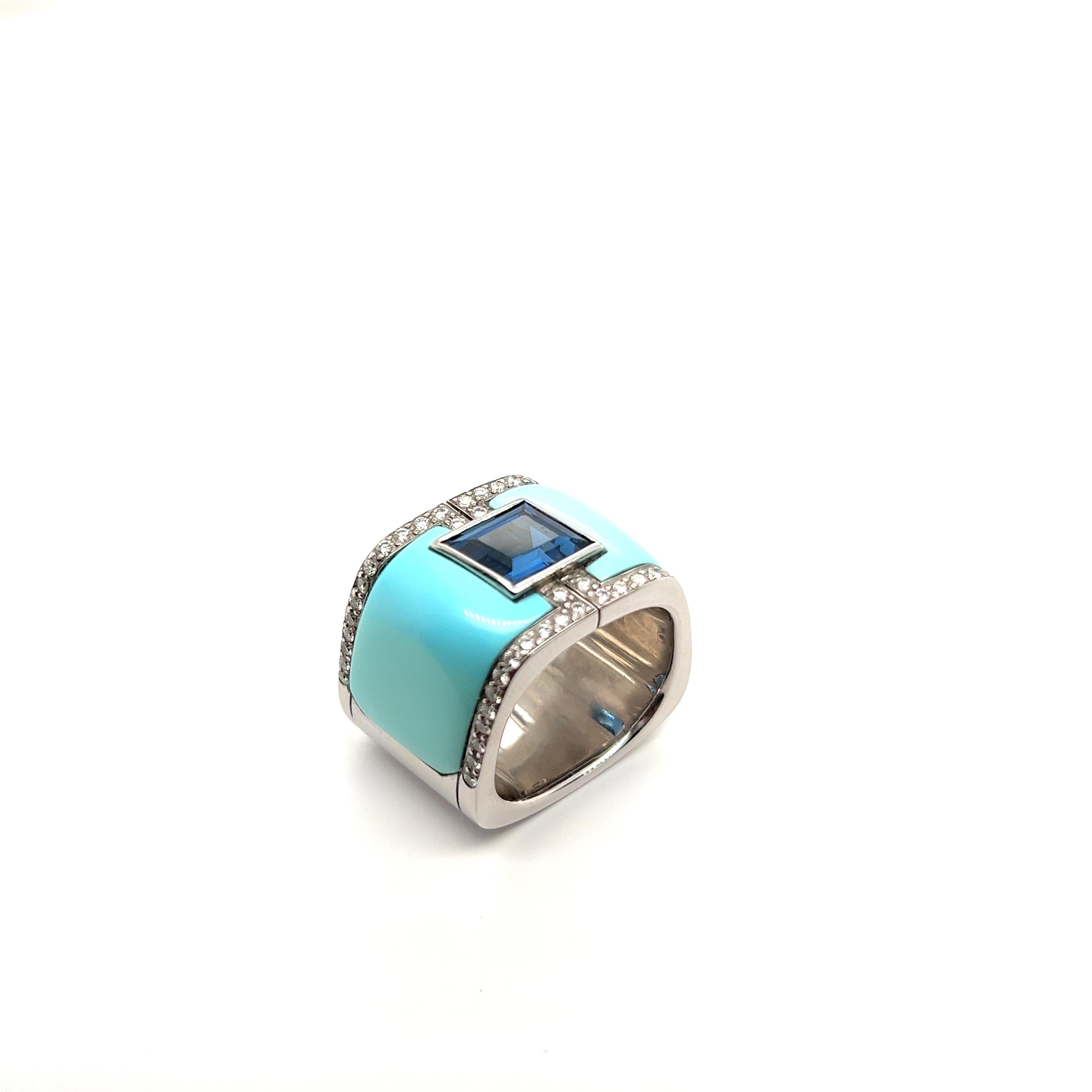 Avant-garde Ring with Sapphire, Turquoise & Diamonds in White Gold by Binder  For Sale 5