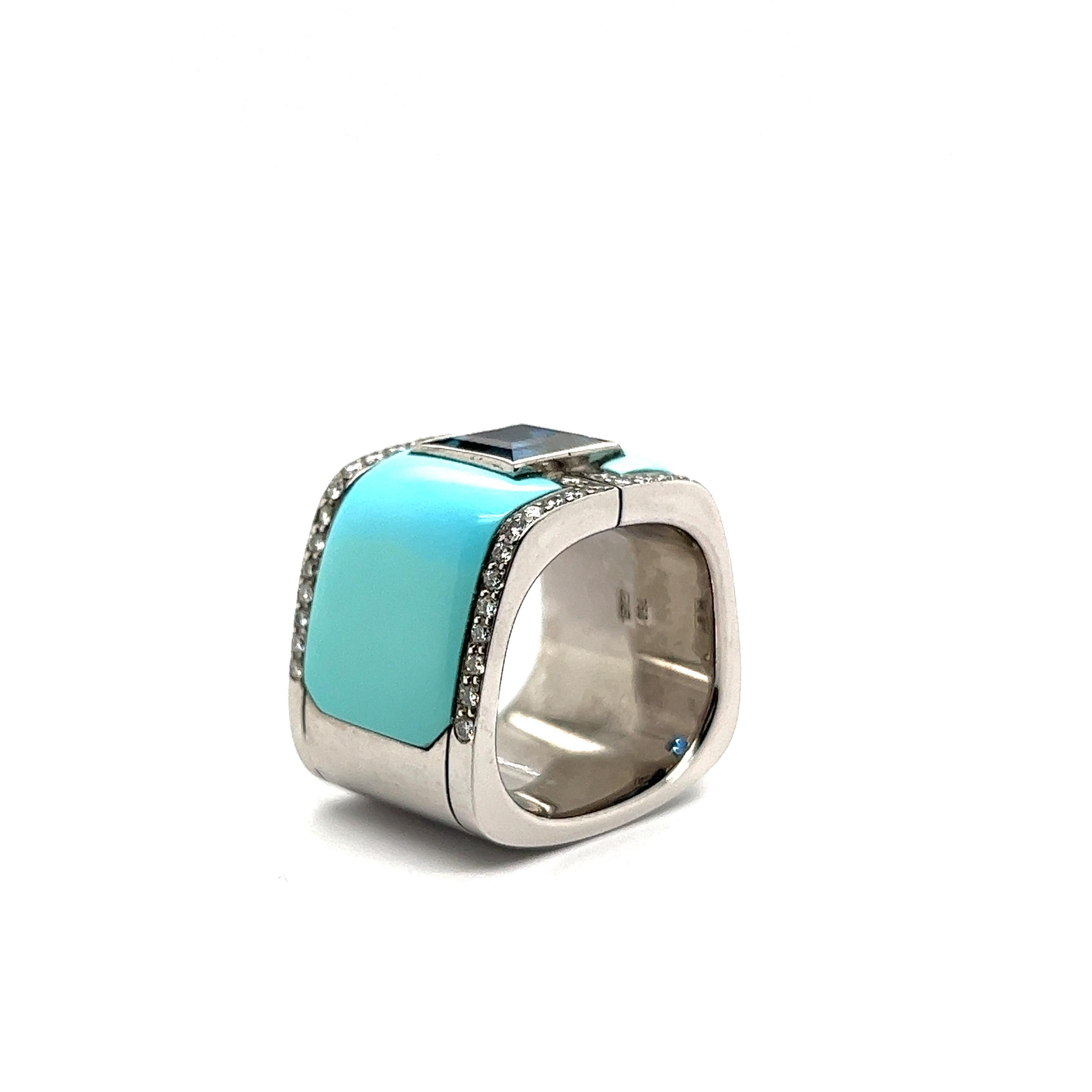 Avant-garde Ring with Sapphire, Turquoise & Diamonds in White Gold by Binder  For Sale 6